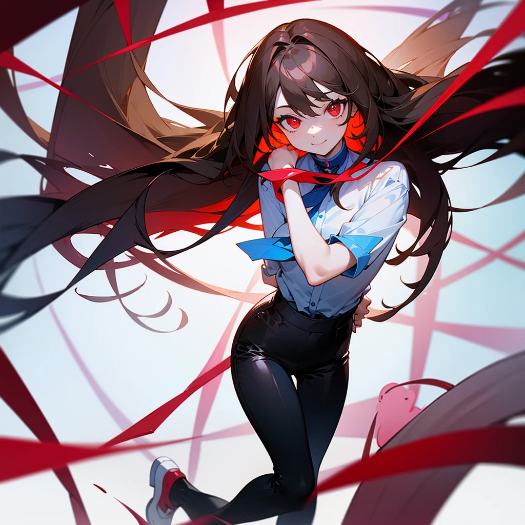 Anime girl in a short skirt and knee-length stockings, red and blue hair, 3D wallpaper.