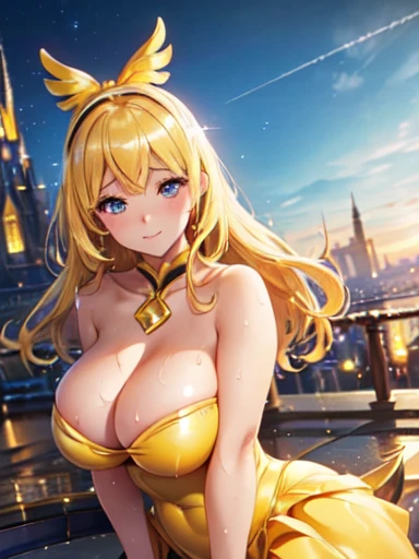 (high quality, High resolution, The finer details, Realistic), On the roof, ((Yellow magical girl outfit)), Sexy pose, alone, (Curvy Women), Blonde, Sparkling eyes, (Fine eyelashes))), Large Breasts, Sweat, Oily skin, Shallow depth of field