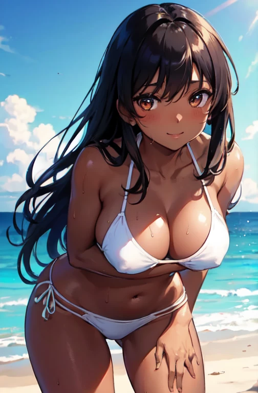 masterpiece, Highest quality, 超detailed, 非常にdetailed，4K，8k, ((A clearly drawn face)),((非常にdetailedな肌)),(One Girl:1.5),barefoot,alone,Swimwear,Black Hair,(Sunburn:1.5),belly button,bikini, Sunburn lines,Sweat,Wet,(Woman with dark skin:1.2),Brown eyes,Long Hair,(Dark Skin:1.2),Toes,smile,white bikini,(Leaning forward:1.3), Sandy Beach,(Seaside:1.3),[[[From below]]],(Perfect hands),(Perfect Fingers),more_detailed:-1, more_detailed:0, more_detailed:0.5, more_detailed:1, more_detailed:1.5,Delicate colors, shape, Bright colors, beautiful,Big Breasts