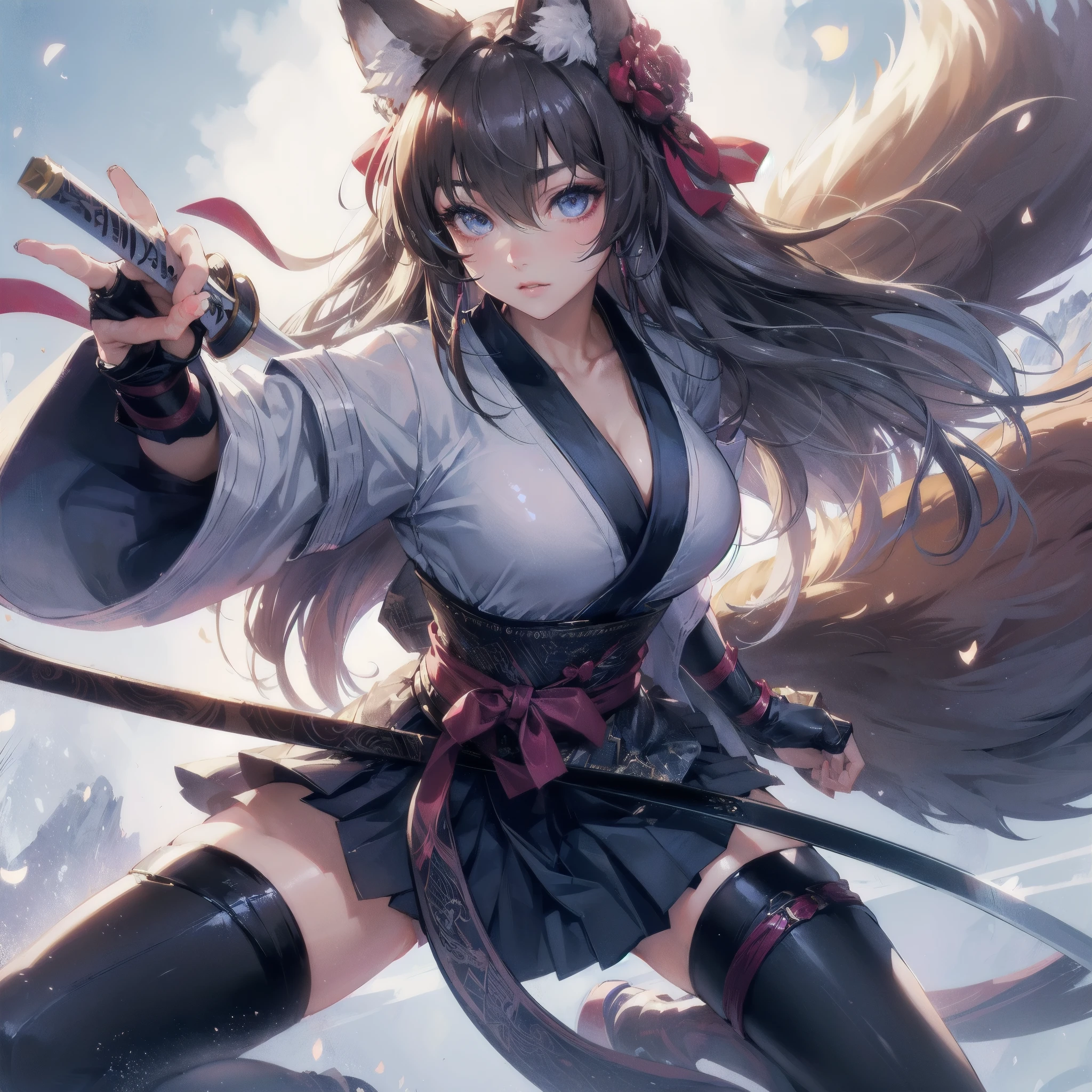  masterpiece, (textured skin), best quality, gorgeous beautiful, (a beautiful girl,wolf ears,wolf tail),detailed clothes,large breasts,narrow waist,, (beautiful face), cinematic lighting, (fantasy anime art ),