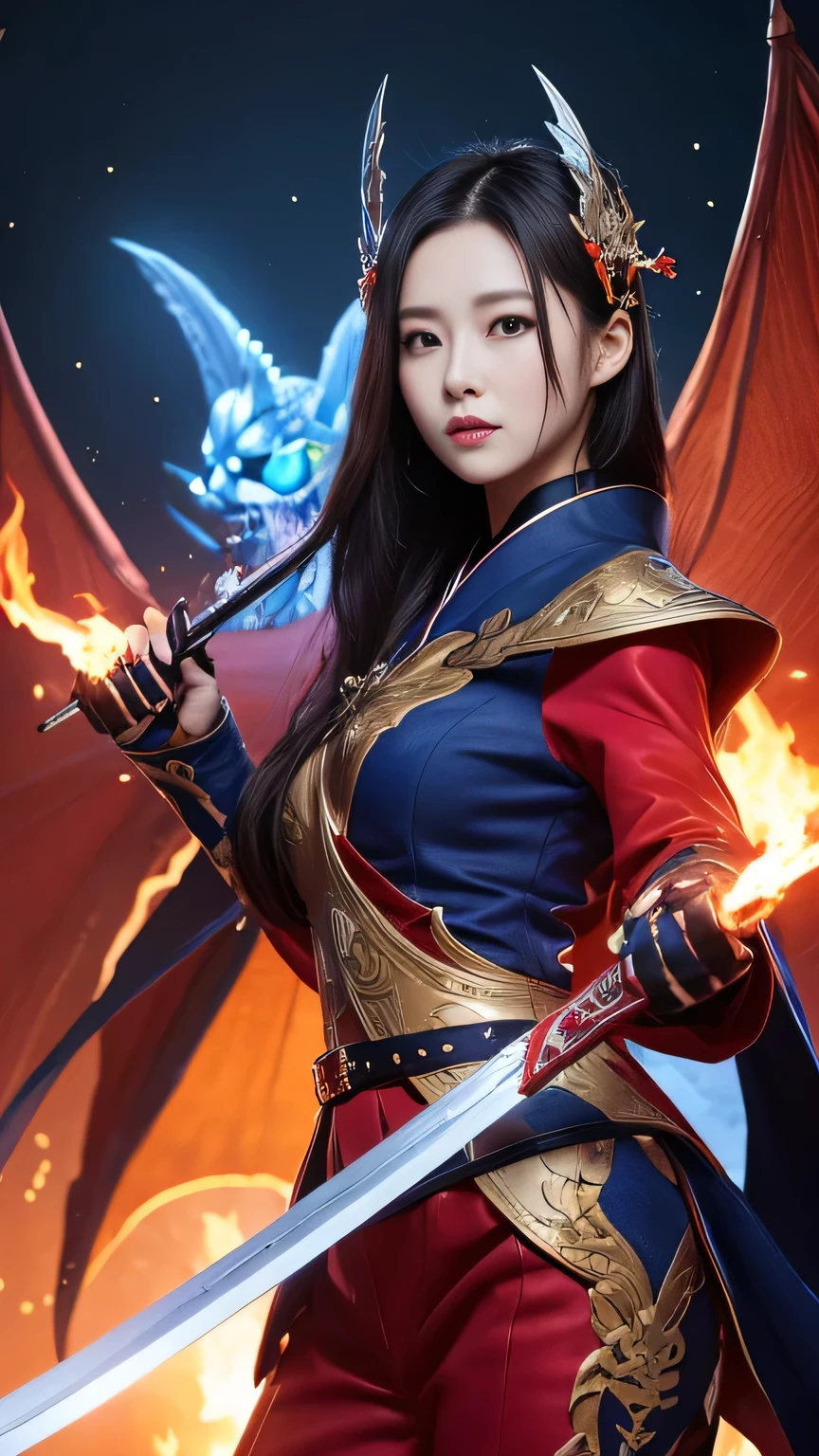 Girl, Holding a sword decorated with Japanese symbols, twin sword,Blue flames coming out of the decoration, A dragon came out of it、A blue wind blows with a skull ghost, Perfect Judy with a face and scythe,The woman is wearing a proper red outfit made of sickle steel., The woman's hair is black, The girl is the incarnation of a demon., Dragon on background,(The background of the CG 8k module is very detailed) (Highest quality), (Best illustrations), (Best shade), Highly detailed t-v6 mix 4, (8k, RAW Photos, Highest quality, masterpiece: 1.45), (Realistic, photoRealistic: 1.37), One Girl, cute, Professional Lighting, Photon Mapping,Small face,(cute顔:1.2)Beautiful 18 year old Japanese woman), cute顔, (Deeply chiseled face:0.7), (freckles:0.6), Soft Light,Healthy white skin, shy, (Serious face), (Sparkling eyes), thin, smile, uniform, Braiding
