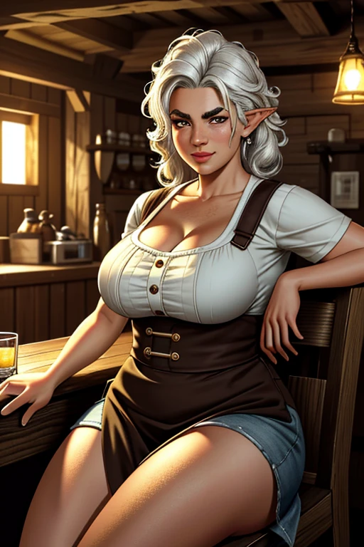 1girl, young female gnome, short and robust, short and disheveled white hair, pointed ears, dark brown eyes, freckles, thin lips, skittish and suspicious look, thick eyebrows, round face, large breasts with cleavage, wide hips, thick thighs, sitting in rustic wooden armchair, drinking mug of beer, 1boy, young male gnome, disheveled white hair, pointed ears, thick eyebrows, dark brown eyes, thick and curly beard, robust male gnome, enthusiastic smile, right behind wife with mug of beer, wearing tavern keeper's apron, very beautiful and detailed living room of rustic medieval house, perfect lighting, (best quality,4k,8k,highres,masterpiece:1.2),ultra-detailed,(realistic,photorealistic,photo-realistic:1.37),HDR,UHD,studio lighting,ultra-fine painting,sharp focus,physically-based rendering,extreme detail description,professional,vivid colors,bokeh,fantasy,illustration