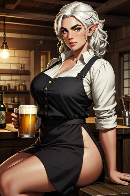 1girl, young female gnome, short and robust, short and disheveled white hair, pointed ears, dark brown eyes, freckles, thin lips, skittish and suspicious look, thick eyebrows, round face, large breasts with cleavage, wide hips, thick thighs, sitting in rustic wooden armchair, drinking mug of beer, 1boy, young male gnome, disheveled white hair, pointed ears, thick eyebrows, dark brown eyes, thick and curly beard, robust male gnome, enthusiastic smile, right behind wife with mug of beer, wearing tavern keeper's apron, very beautiful and detailed living room of rustic medieval house, perfect lighting, (best quality,4k,8k,highres,masterpiece:1.2),ultra-detailed,(realistic,photorealistic,photo-realistic:1.37),HDR,UHD,studio lighting,ultra-fine painting,sharp focus,physically-based rendering,extreme detail description,professional,vivid colors,bokeh,fantasy,illustration