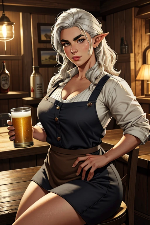 1girl, young female gnome, short and robust, short and disheveled white hair, pointed ears, dark brown eyes, freckles, thin lips, skittish and suspicious look, thick eyebrows, round face, large breasts with cleavage, wide hips, thick thighs, sitting in rustic wooden armchair, drinking mug of beer, 1boy, young male gnome, disheveled white hair, pointed ears, thick eyebrows, dark brown eyes, thick and curly beard, robust male gnome, enthusiastic smile, right behind wife with mug of beer, wearing tavern keeper's apron, very beautiful and detailed living room of rustic medieval house, perfect lighting, (best quality,4k,8k,highres,masterpiece:1.2),ultra-detailed,(realistic,photorealistic,photo-realistic:1.37),HDR,UHD,studio lighting,ultra-fine painting,sharp focus,physically-based rendering,extreme detail description,professional,vivid colors,bokeh,fantasy,illustration