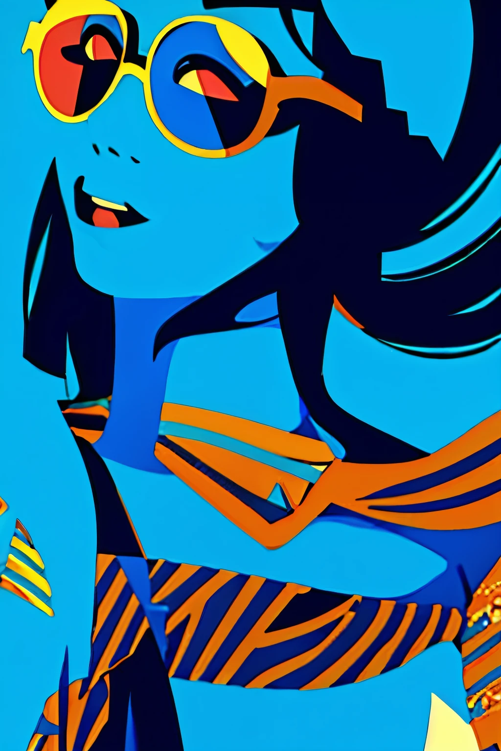 illustration
1girl
solo
sunglasses
open mouth
blue hair
flat color
long hair
colored skin
blue skin
blue theme
high contrast
hand up
limited palette