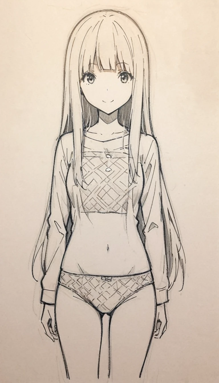 1 ,Line drawing,monochrome,(sketch:1.5、pattern、pencil drawing:1.5、board:1.5),board,traditional media, whole body,look up,Cold Background ,(Wearing underwear) ,Smile,Long hair,Clothing Model