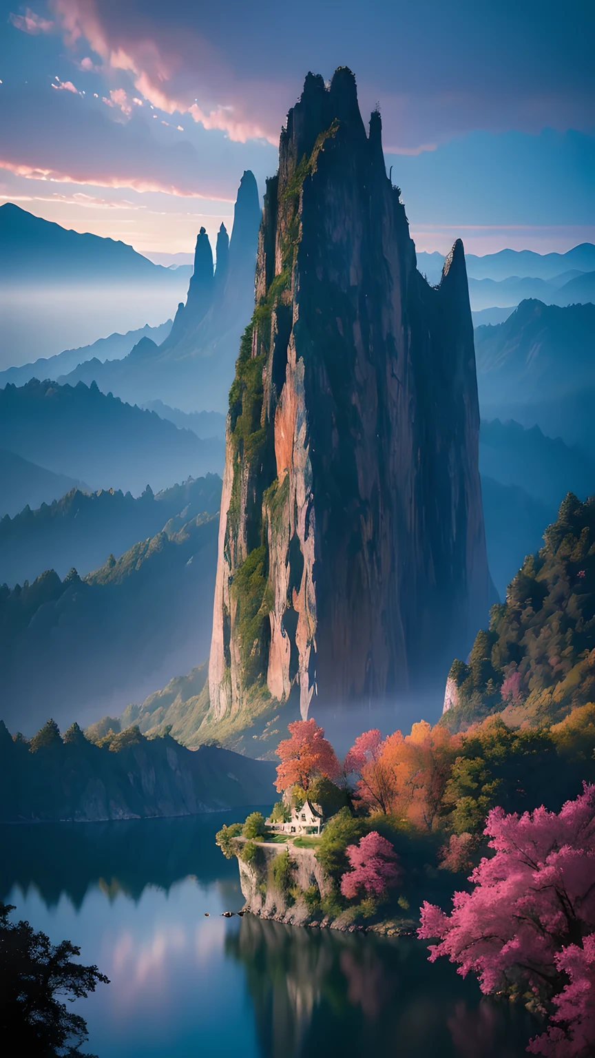 Photographs that capture the essence of a magical dream world. An epic cliff,Hanging over a beautiful lake, Surreal and vivid colors illuminate its reflection. The atmosphere is otherworldly, The soft night light casts a flowing shadow. The image creates a sense of depth and mystery, It's as if the audience is taken into another dimension., Create beautiful and memorable work. Shot with Canon EosIII Zeiss 120mm wide angle lens
