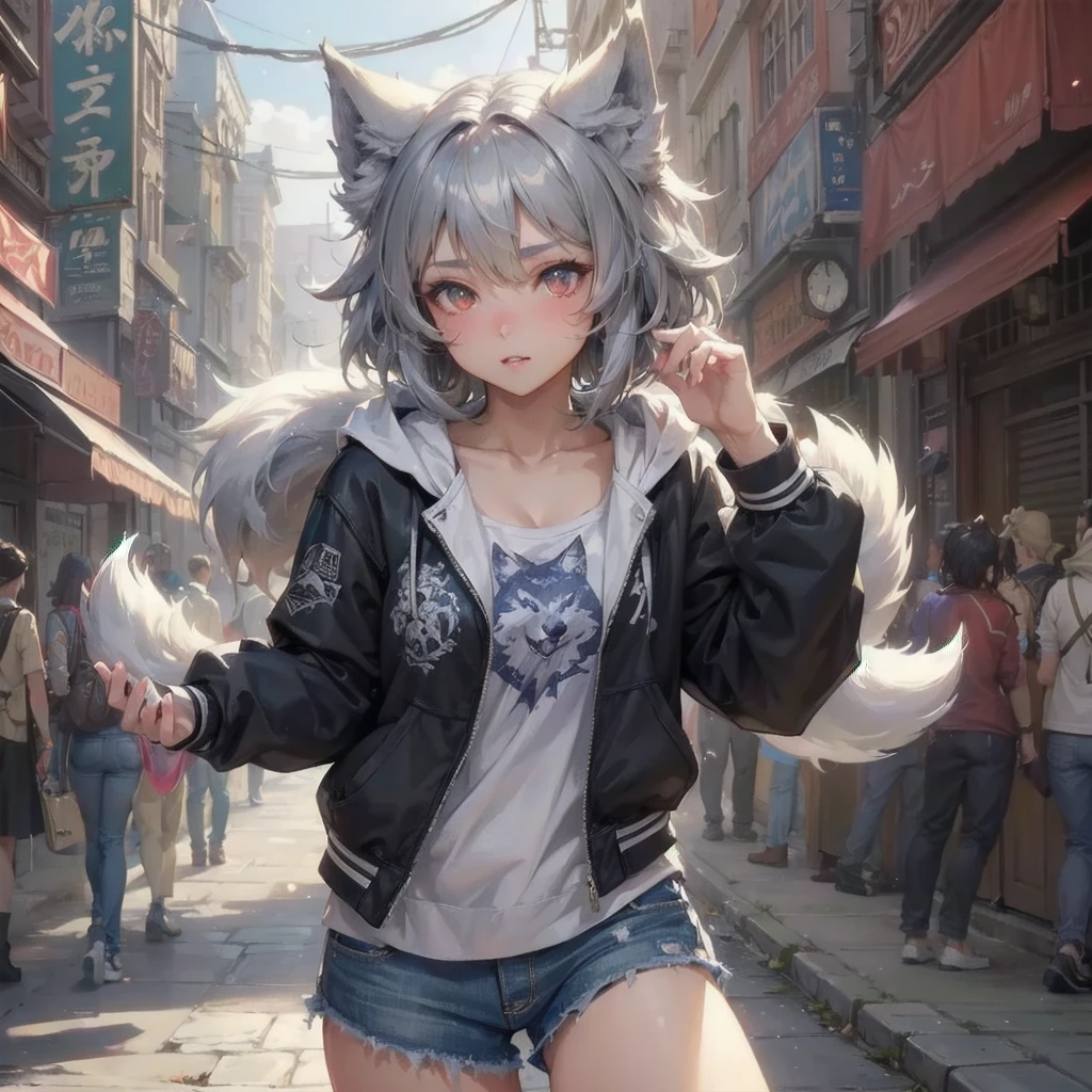 masterpiece, (textured skin), best quality, gorgeous beautiful, (a beautiful girl,wolf ears,wolf tail),detailed clothes,large breasts,narrow waist,, (beautiful face), cinematic lighting, (fantasy anime art ),