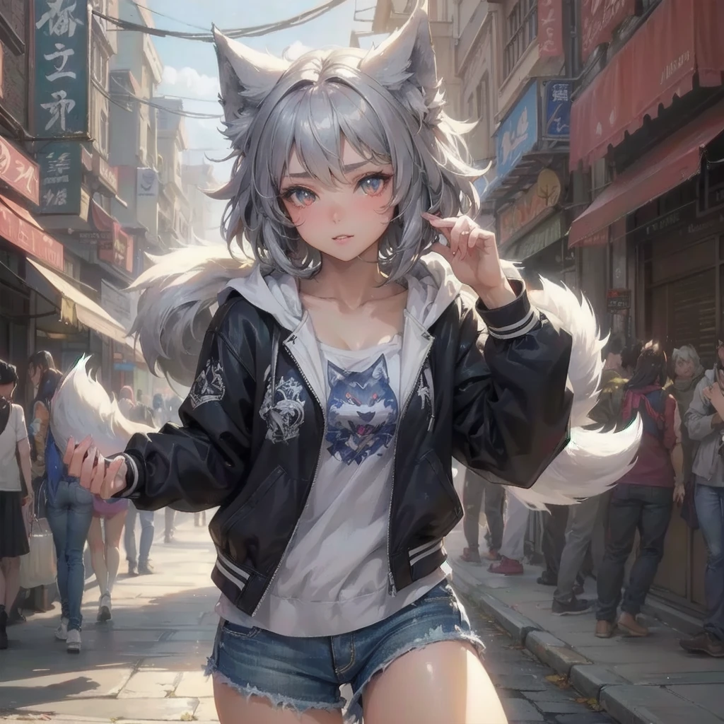 masterpiece, (textured skin), best quality, gorgeous beautiful, (a beautiful girl,wolf ears,wolf tail),detailed clothes,large breasts,narrow waist,, (beautiful face), cinematic lighting, (fantasy anime art ),