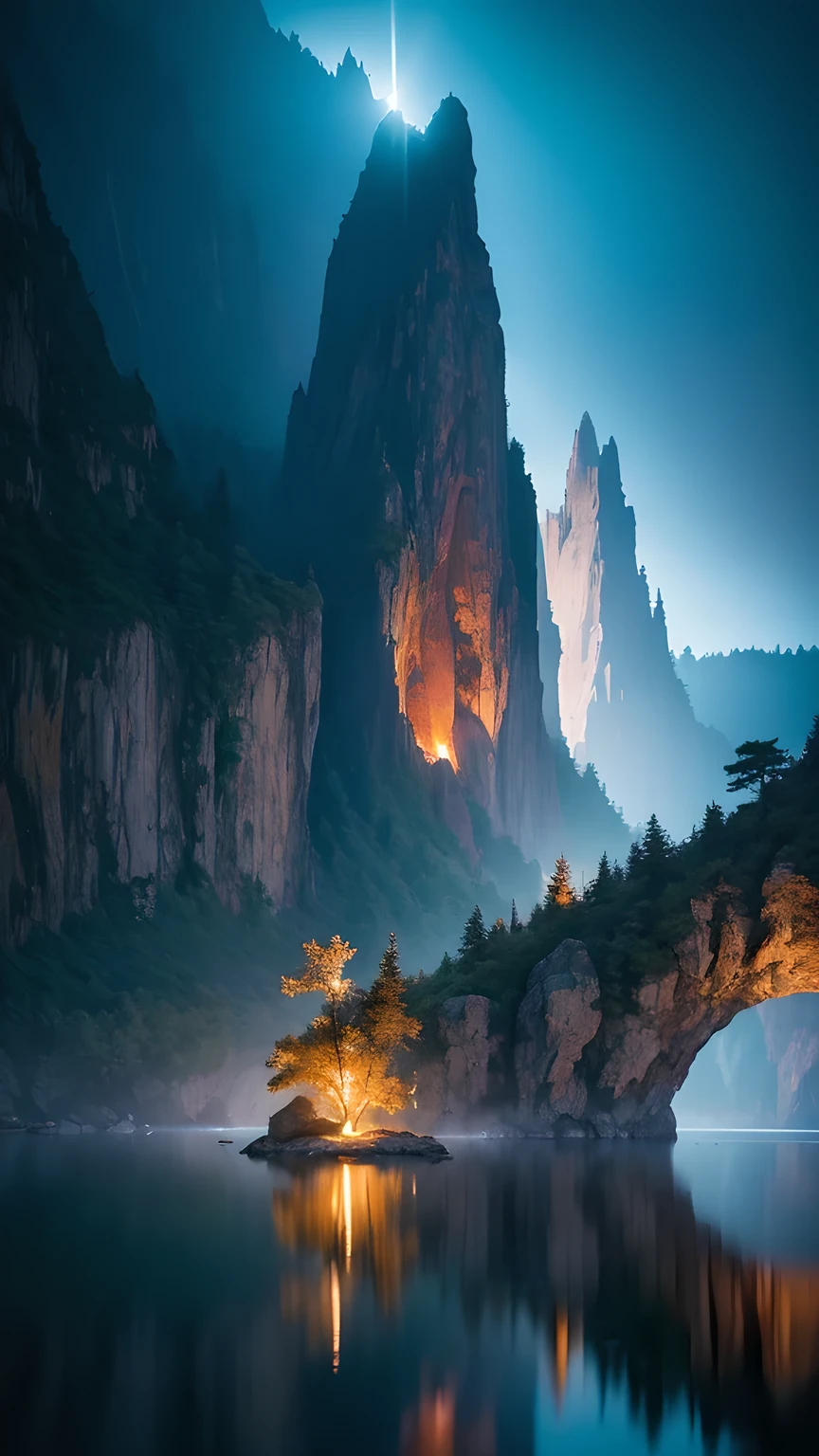 Photographs that capture the essence of a magical dream world. An epic cliff,Hanging over a beautiful lake, Surreal and vivid colors illuminate its reflection. The atmosphere is otherworldly, The soft night light casts a flowing shadow. The image creates a sense of depth and mystery, It's as if the audience is taken into another dimension., Create beautiful and memorable work. Shot with Canon EosIII Zeiss 120mm wide angle lens