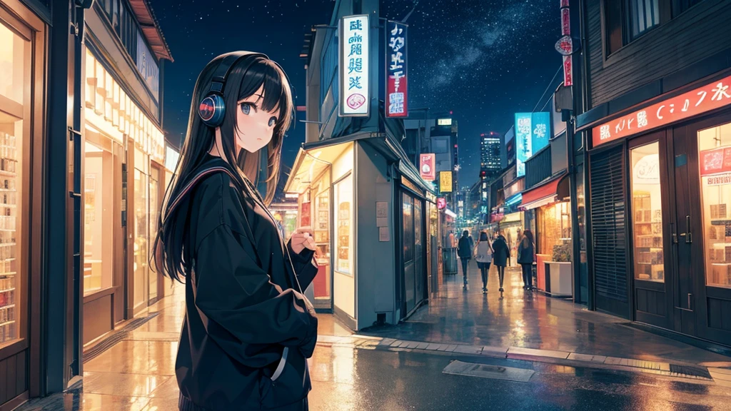 Standing in front of the entrance to Universal Studios Japan。A young girl with black hair wearing stylish clothes and headphones labeled "lo-fi"
The girl is shown in profile, gazing into the distance with a calm, relaxed expression
Background depicts the iconic scenery of Namba, Osaka at night, without any text on signs
A starry night sky adding to the peaceful atmosphere
Overall mood is quiet and serene, perfect for lo-fi music
Detailed hair rendering and careful attention to the girl's fashionable outfit
The entire scene should evoke a relaxing, introspective feeling associated with lo-fi music