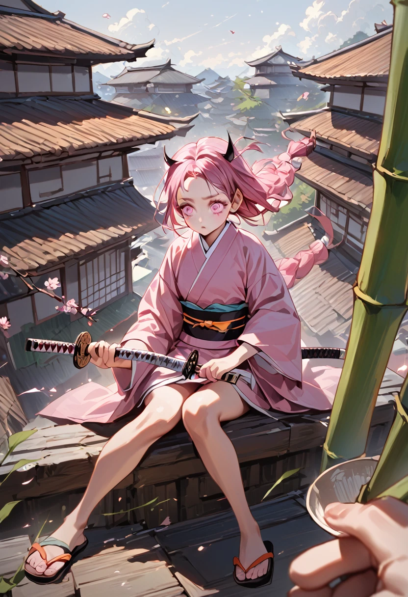 a female character, wearing a plain colored kimono, named "NEZUKO" in the story "demon slayer" with pink eyes, flip-flops, with a mouth that is biting pieces of bamboo, is sitting on a roof tile while holding a katana, with realistic cherry blossom effects flying