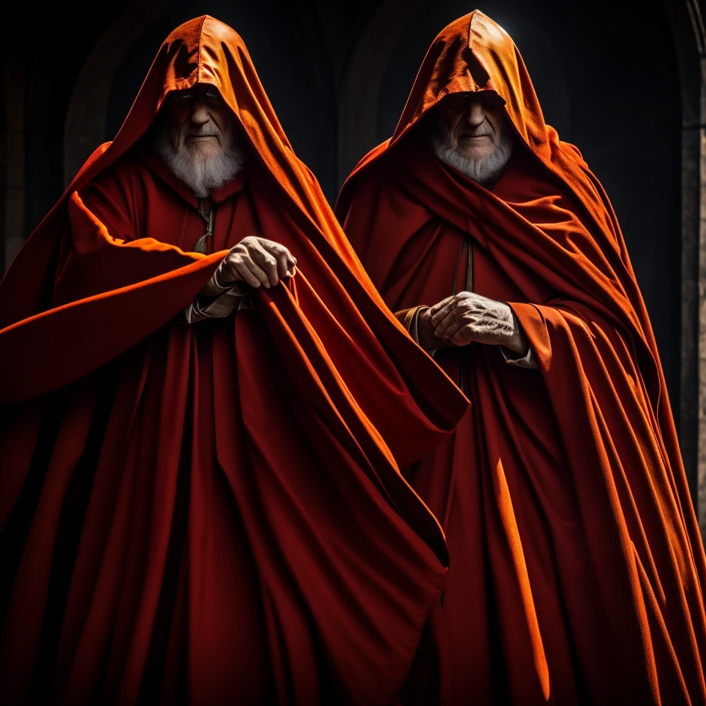 1man, an old, orange cloak, the eyes are glowing bright yellow, the face is covered in the shadow, wearing a red cape