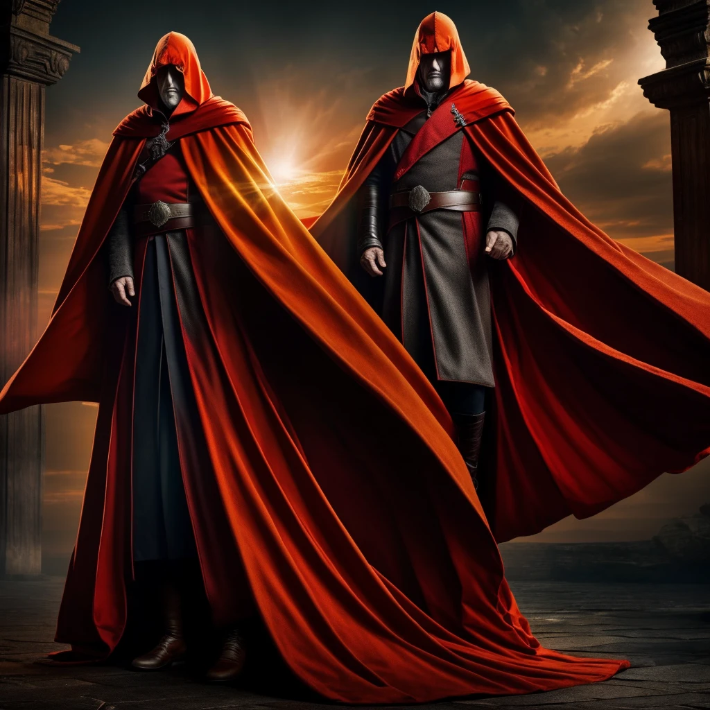 1man, an old, orange cloak, the eyes are glowing bright yellow, the face is covered in the shadow, wearing a red cape