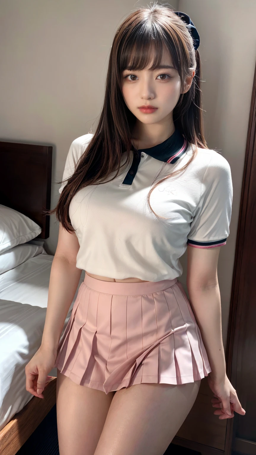 (absurdres:1.3), (highres:1.3), (ultra detailed:1.3),(1girl:1.3), (extremely detailed CG unity 8k wallpaper:1.3), (detailed skin texture, detailed cloth texture, detailed hair texture), (beautiful detailed face, supermodel, pale skin, realistic glistening skin), (RAW photo, best quality), (realistic, photo-realistic:1.4), masterpiece, extremely delicate and beautiful,Amazing, finely detail, extremely detailed CG unity 8k wallpaper, huge filesize, ultra-detailed, highres, absurdres, soft light,rim light, vibrant details, hotel room, straight hair, large breasts, black hair color, Big Natural Color Lip, (perfect body shape), beautiful legs, BREAK (white theme:1.4), (tucked-out short sleeve white polo shirt:1.4), (pink lines on tops outline:1.3), (pure white pleated mini skirt:1.3), (hem of top covers top half of skirt:1.3), (pink fluffy scrunchie on wrist:1.3), (white and pink sports shoes:1.2), crying a little、little smile, Harajuku style、20 year old girl、cute type、lolita、standing