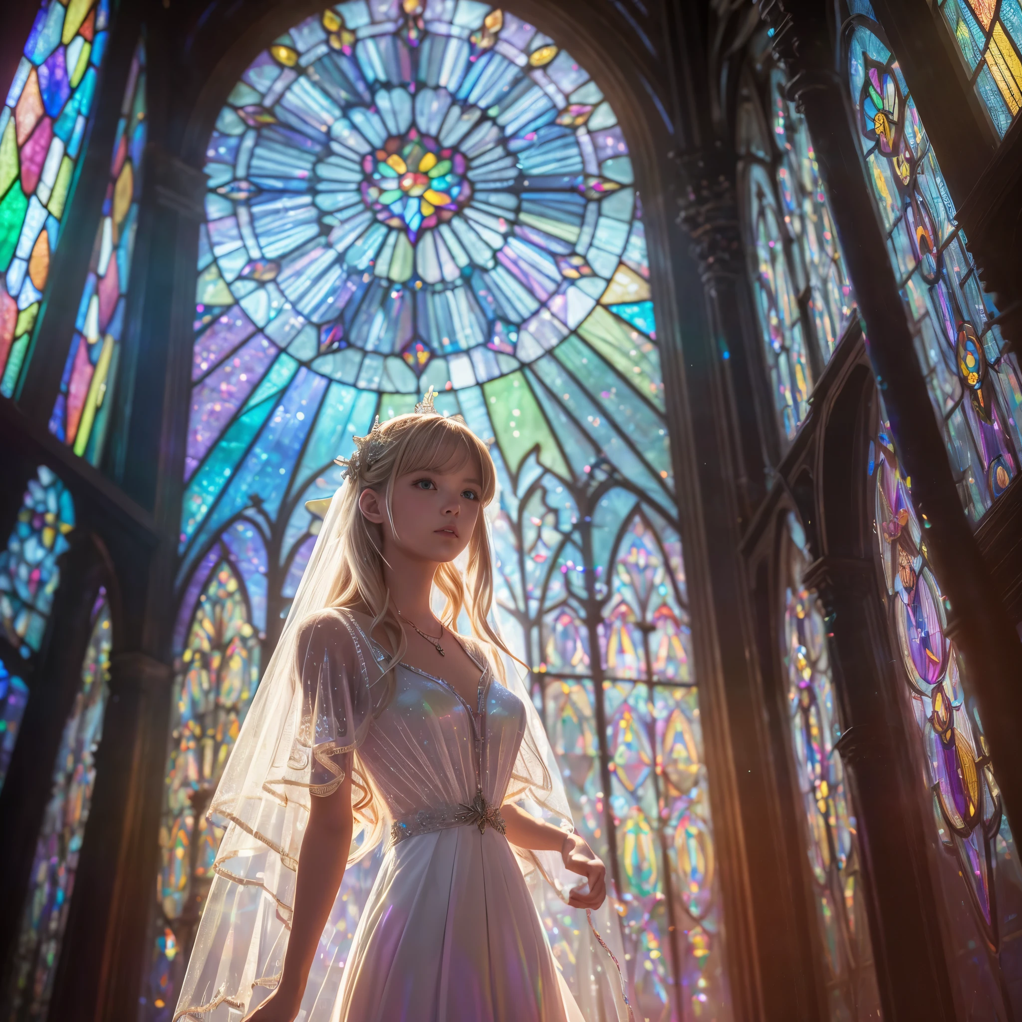  (Cathedral from below:1.28) (ZoomLayer) TopQuality 8K masterpiece of ((Professional photo)), (((Clarisse de Cagliostro))) (Detailed White WeddingDresses), Chain, (((Extremely detailed KAWAII face))) {((VeiledFace))|BlondeHair|(Elaborate BuleEyes)with(SparklingHighlights:1.28)}, The background is distant (((Elaborate stained glass))) Rainbow Glass, {(MysticSight)|EnchantingAtmosphere|Haze|(GodRays)|TyndallEffect}, Radiant PearlSkin with Transparency, (Exposed:0.39)