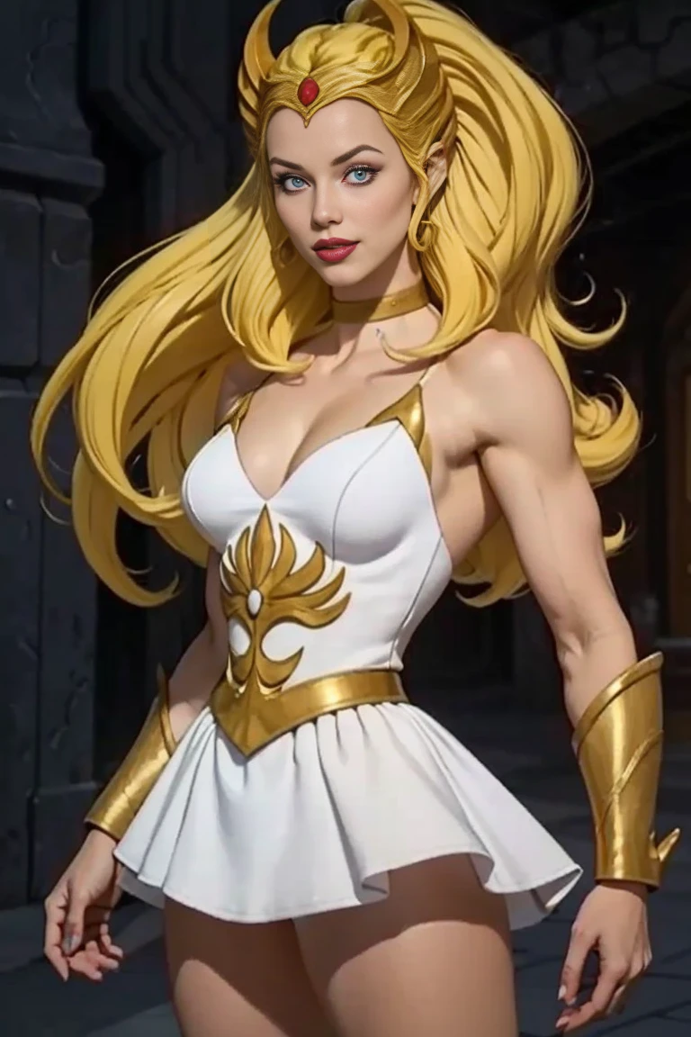 detailed photo of 1 girl,
blonde, white dress, choker, character she_ra,
dynamic pose,
smug smile,
tall, (muscular body: 1.3), (female hands: 1.3),

skin indentation, slim waist, thighs, eyeliner, eyelashes, perfect face, detailed eyes, face lighting, bold, provocative.

looking at viewer (masterpiece, high quality: 1.2)