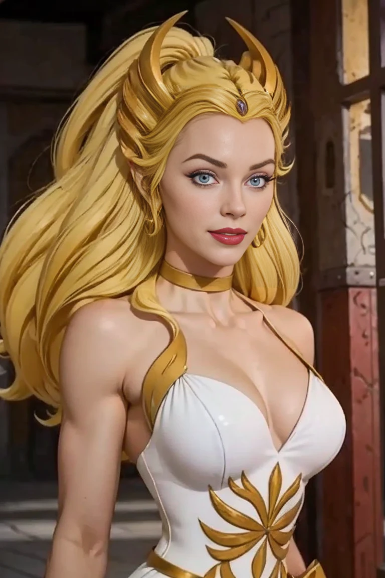 detailed photo of 1 girl,
blonde, white dress, choker, character she_ra,
dynamic pose,
smug smile,
tall, (muscular body: 1.3), (female hands: 1.3),
skin indentation, slim waist, thighs, eyeliner, eyelashes, perfect face, detailed eyes, face lighting, bold, provocative.
looking at viewer (masterpiece, high quality: 1.2)