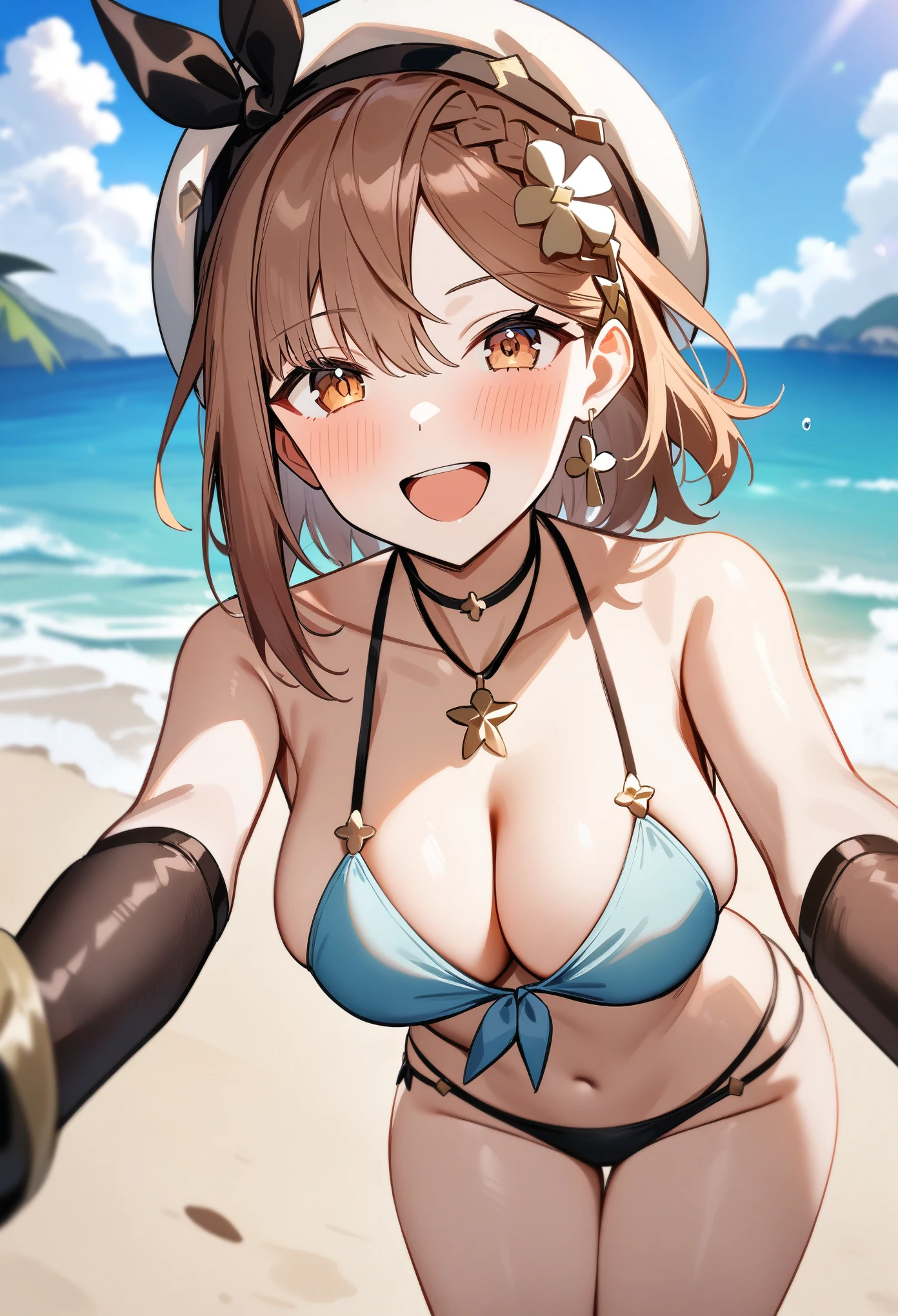 best qualtiy、ultra-detailliert、、1 girl in、独奏、nikkeanis、Cross-eyed、short-hair、open open mouth、large full breasts、Brown hair、hair adornments、Brown-eyed、cowboy  shot、((a white bikini、Sunglasses on the head))、(raise arms、spreading arms、straighten your elbows)、blue open sky、(shores)、