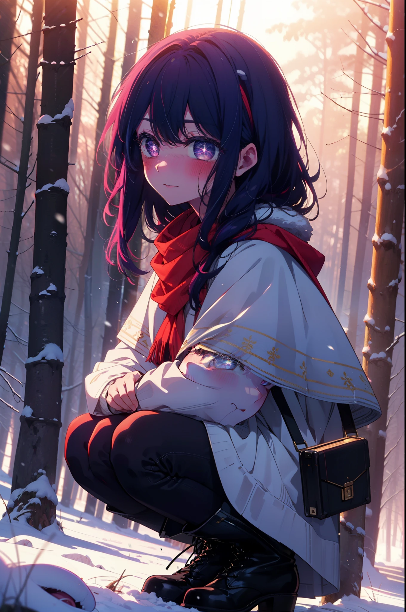 aihoshino, Ai Hoshino, Long Hair, bangs, (Purple eyes:1.1), Purple Hair, (Symbol-shaped pupil:1.5), smile,,smile,blush,white breath,
Open your mouth,snow,Ground bonfire, Outdoor, boots, snowing, From the side, wood, suitcase, Cape, Blurred, , forest, White handbag, nature,  Squat, Mouth closed, Cape, winter, Written boundary depth, Black shoes, red Cape break looking at viewer, Upper Body, whole body, break Outdoor, forest, nature, break (masterpiece:1.2), Highest quality, High resolution, unity 8k wallpaper, (shape:0.8), (Beautiful and beautiful eyes:1.6), Highly detailed face, Perfect lighting, Highly detailed CG, (Perfect hands, Perfect Anatomy),