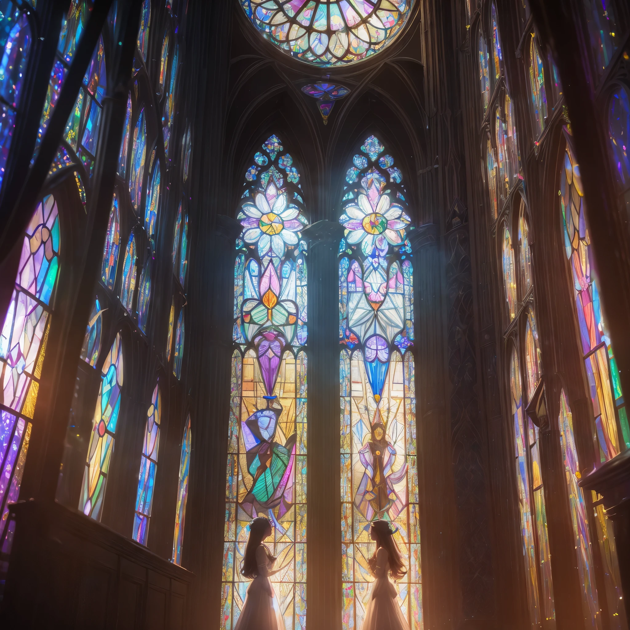 (Cathedral from below:1.28) (ZoomLayer) TopQuality 8K masterpiece of ((Professional photo)), (((Clarisse de Cagliostro))) (Detailed White WeddingDresses), Chain, (((Extremely detailed KAWAII face))) {((VeiledFace))|BlondeHair|(Elaborate BuleEyes)with(SparklingHighlights:1.28)}, The background is distant (((Elaborate stained glass))) Rainbow Glass, {(MysticSight)|EnchantingAtmosphere|Haze|(GodRays)|TyndallEffect}, Radiant PearlSkin with Transparency, (Exposed:0.39)