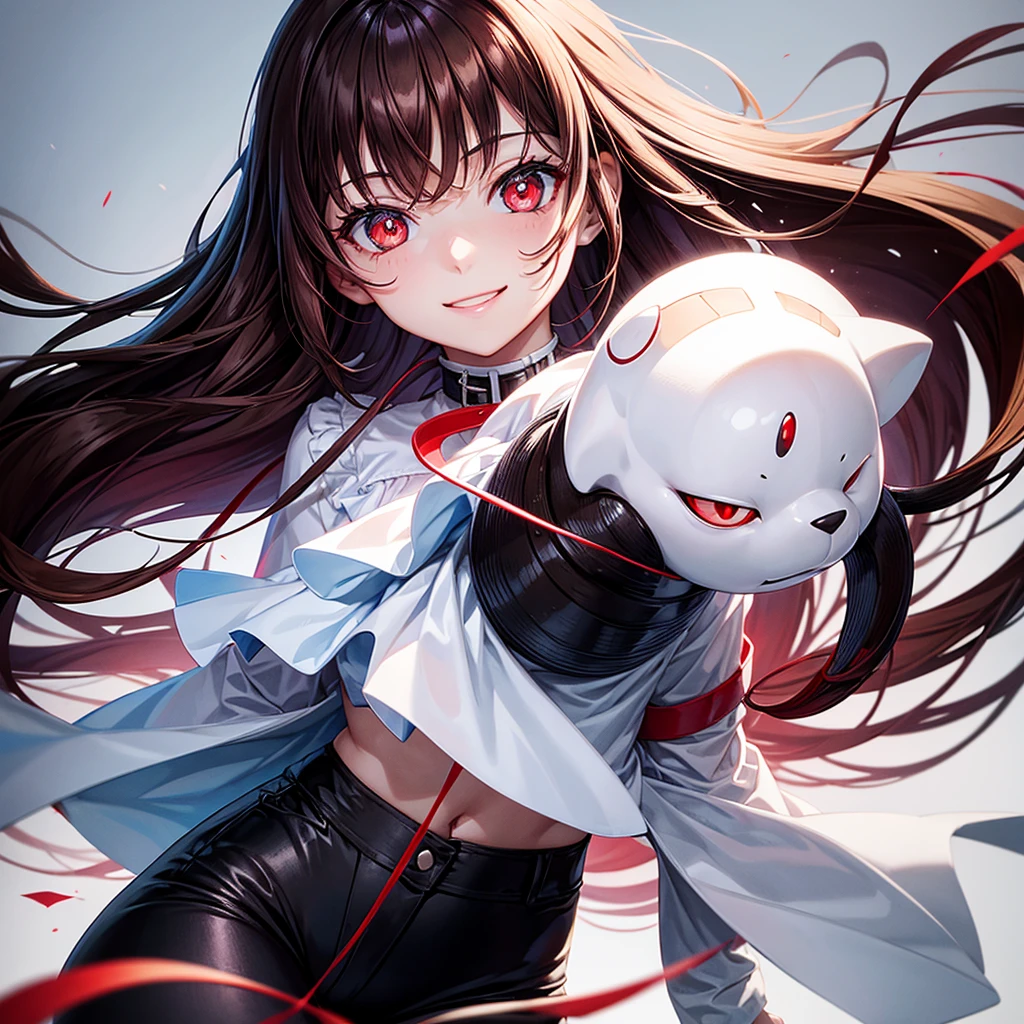 1girl, red eyes, whose pupils are constricted slightly, a smile, a blue blouse with white edges around the neck, arms and hips, black pants, white shoes and long brown hair