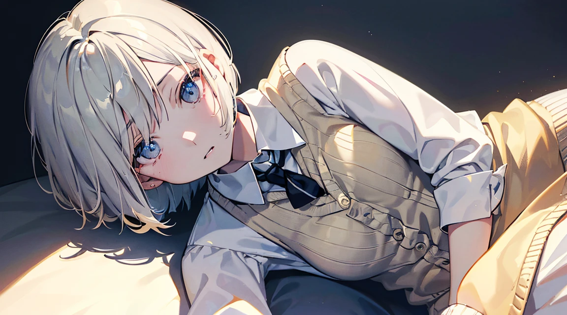 (Bob Cut Hair, Platinum Blonde Hair:1.2),(Wear a cardigan over a collared shirt:1.2),1 girl,Japanese,21 years old,(Small breasts:1.3),(Highest quality,masterpiece:1.3,超A high resolution,),(Ultra-detailed,Caustics),(Photorealistic:1.4,RAW shooting,)Ultra-Realistic Capture,Very detailed,High resolution 16K human skin close-up。 Natural skin texture、,Pores、、It needs to be detailed enough to be easily identifiable。 Skin should be even-toned and healthy looking。 Use natural light and colour, Sad expression, Looking at the camera, Perfect dynamic composition, Outdoor