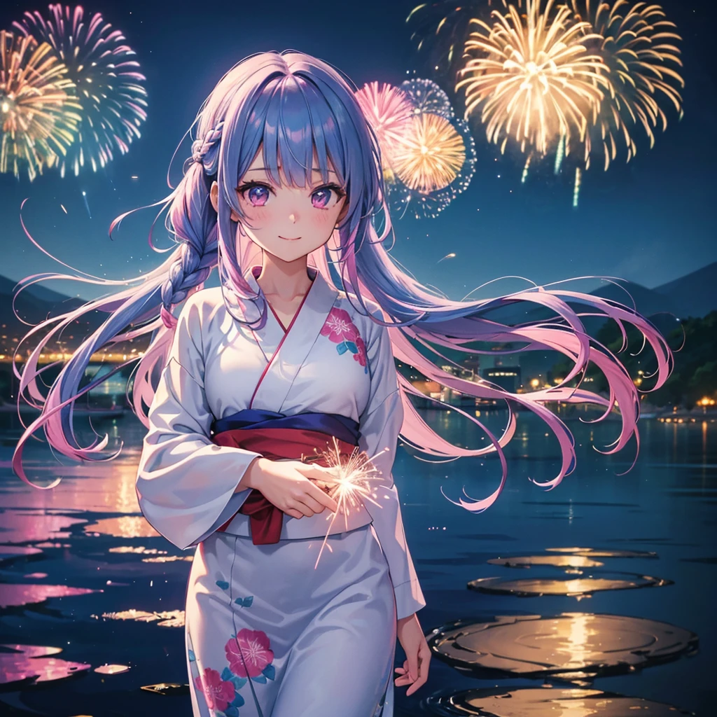 Sky Blue Medium Hair, (Braided hair),(Pink Eyes),Fair skin ,(whole body),(1 girl)、Floral Yukata、summer night、Lake Biwa、Fireworks on the lake、Big fireworks、smile、Straight bangs,(masterpiece, Highest quality, Very detailed, Best Shadow), (Detailed Background), (Beautifully detailed face), High Contrast, (Best lighting, Very delicate and beautiful), ((Cinematic Light)), colorful, Hyper Detail 8k, Dramatic Light, Intricate details,Fireworks light reflected on the water