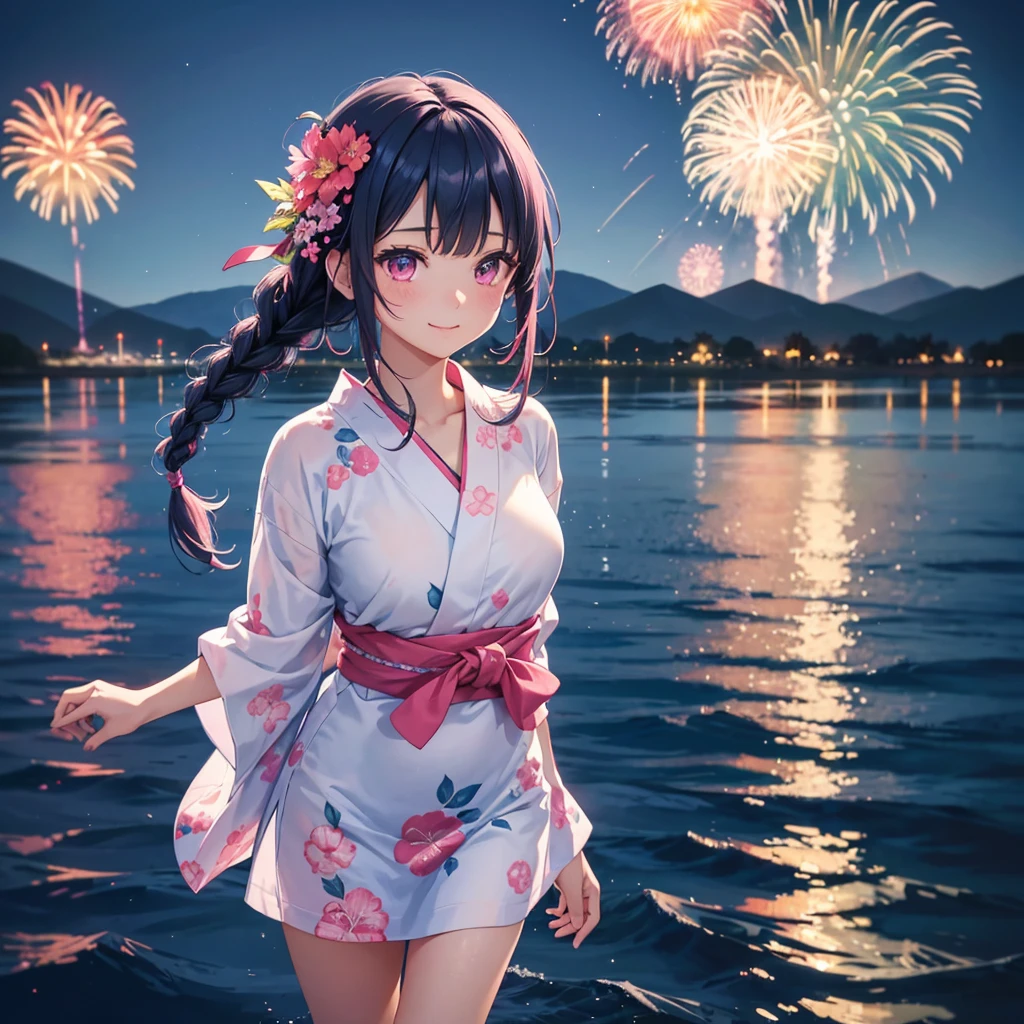 Sky Blue Medium Hair, (Braided hair),(Pink Eyes),Fair skin ,(whole body),(1 girl)、Floral Yukata、summer night、Lake Biwa、Fireworks on the lake、Big fireworks、smile、Straight bangs,(masterpiece, Highest quality, Very detailed, Best Shadow), (Detailed Background), (Beautifully detailed face), High Contrast, (Best lighting, Very delicate and beautiful), ((Cinematic Light)), colorful, Hyper Detail 8k, Dramatic Light, Intricate details,Fireworks light reflected on the water