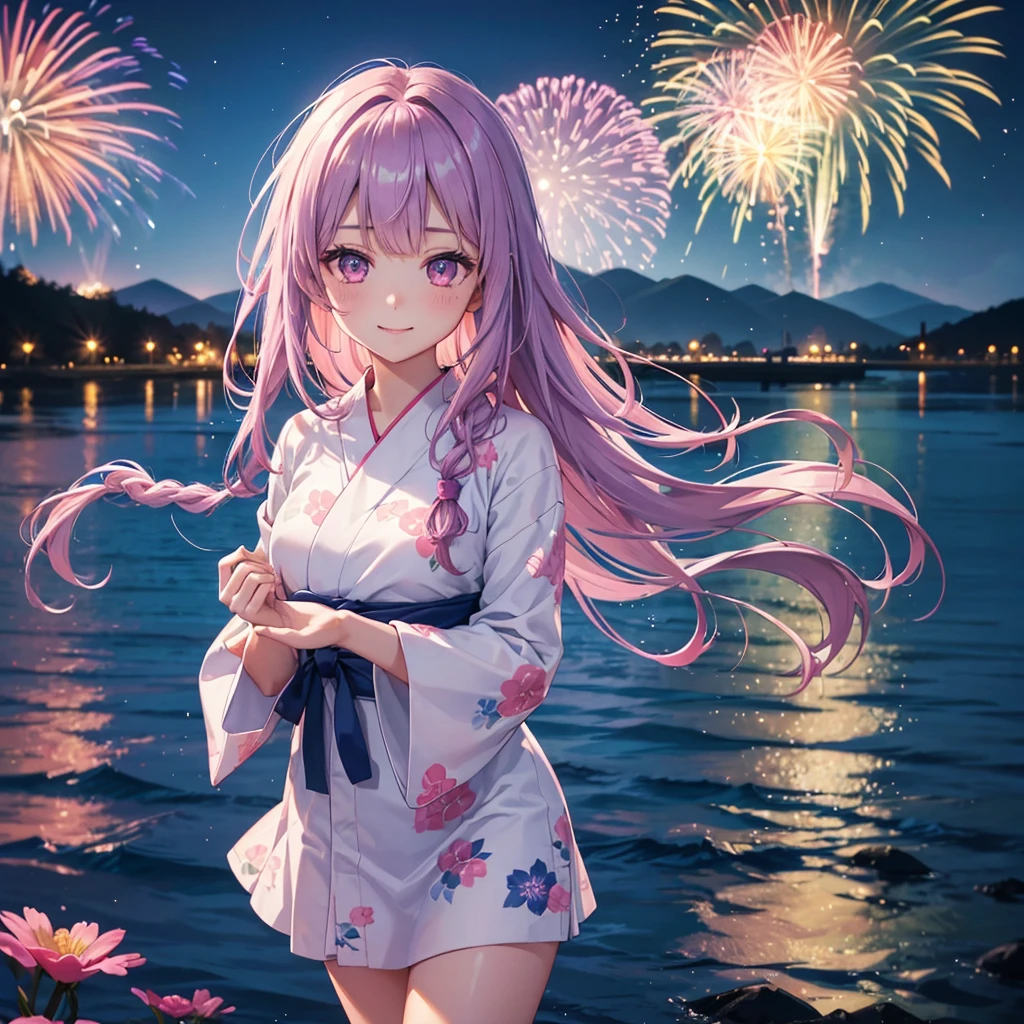 Sky Blue Medium Hair, (Braided hair),(Pink Eyes),Fair skin ,(whole body),(1 girl)、Floral Yukata、summer night、Lake Biwa、Fireworks on the lake、Big fireworks、smile、Straight bangs,(masterpiece, Highest quality, Very detailed, Best Shadow), (Detailed Background), (Beautifully detailed face), High Contrast, (Best lighting, Very delicate and beautiful), ((Cinematic Light)), colorful, Hyper Detail 8k, Dramatic Light, Intricate details,Fireworks light reflected on the water