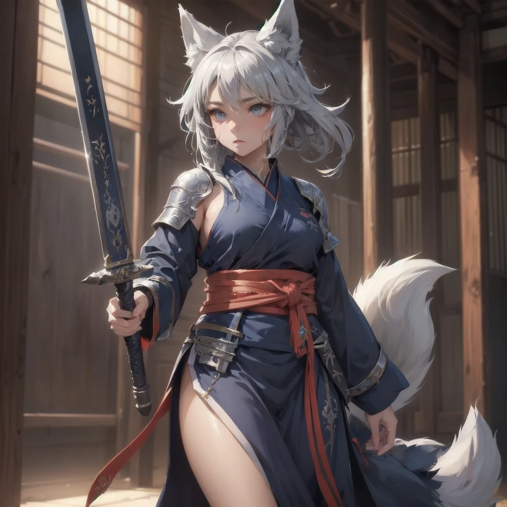masterpiece, (textured skin), best quality, gorgeous beautiful, (a beautiful girl,wolf ears,wolf tail),detailed clothes,large breasts,narrow waist,, (beautiful face), cinematic lighting, (fantasy anime art ),