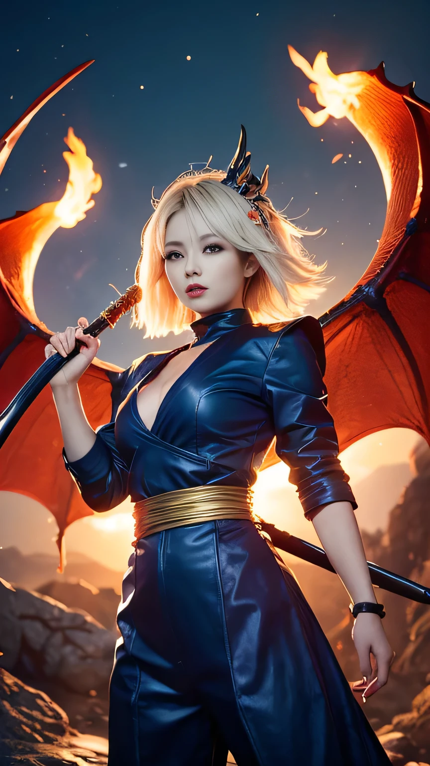 Dragon Ball Z，No.18，Girl, He is holding a sword decorated with the Japanese symbol of life., Blue flames coming out of the decoration, A dragon came out of it、A blue wind blows with a skull ghost, Perfect Judy with a face and scythe，The woman is wearing the proper red ninja outfit., The woman&#39;s hair is black, The woman is the incarnation of a vampire., Dragon on background，Hide Your Eyes(The background of the CG 8k module is very detailed) (Highest quality), (Best illustrations), (Best shade), Very detailed t--v6
