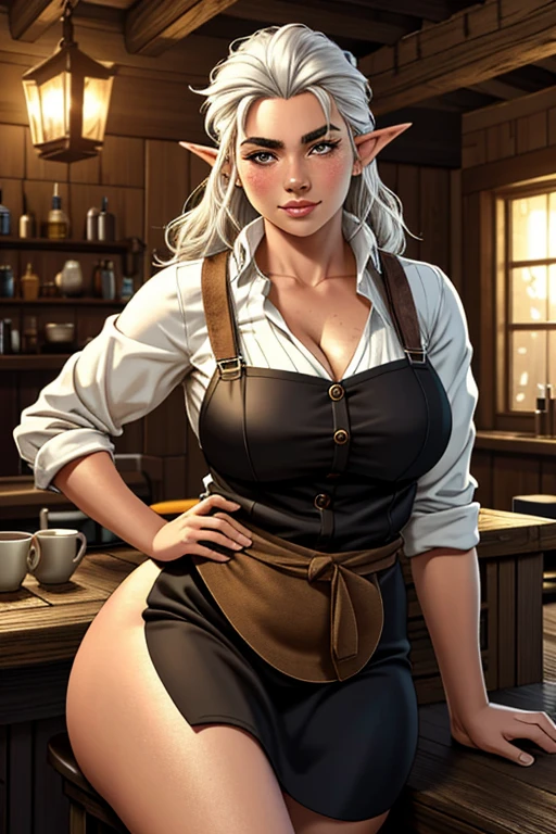 1girl, young female gnome, short and robust, short and disheveled white hair, pointed ears, dark brown eyes, freckles, thin lips, skittish and suspicious look, thick eyebrows, round face, large breasts with cleavage, wide hips, thick thighs, sitting in rustic wooden armchair, drinking mug of beer, 1boy, young male gnome, disheveled white hair, pointed ears, thick eyebrows, dark brown eyes, thick and curly beard, robust male gnome, enthusiastic smile, right behind wife with mug of beer, wearing tavern keeper's apron, very beautiful and detailed living room of rustic medieval house, perfect lighting, (best quality,4k,8k,highres,masterpiece:1.2),ultra-detailed,(realistic,photorealistic,photo-realistic:1.37),HDR,UHD,studio lighting,ultra-fine painting,sharp focus,physically-based rendering,extreme detail description,professional,vivid colors,bokeh,fantasy,illustration