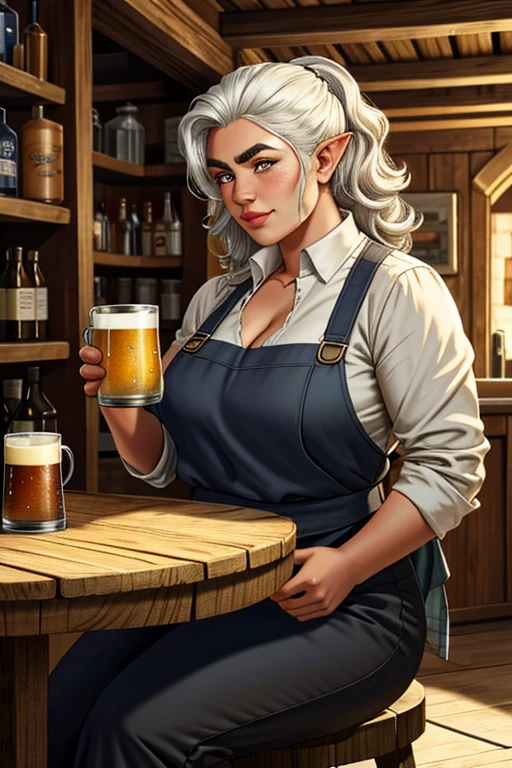 1girl, young female gnome, short and robust, short and disheveled white hair, pointed ears, dark brown eyes, freckles, thin lips, skittish and suspicious look, thick eyebrows, round face, large breasts with cleavage, wide hips, thick thighs, sitting in rustic wooden armchair, drinking mug of beer, 1boy, young male gnome, disheveled white hair, pointed ears, thick eyebrows, dark brown eyes, thick and curly beard, robust male gnome, enthusiastic smile, right behind wife with mug of beer, wearing tavern keeper's apron, very beautiful and detailed living room of rustic medieval house, perfect lighting, (best quality,4k,8k,highres,masterpiece:1.2),ultra-detailed,(realistic,photorealistic,photo-realistic:1.37),HDR,UHD,studio lighting,ultra-fine painting,sharp focus,physically-based rendering,extreme detail description,professional,vivid colors,bokeh,fantasy,illustration