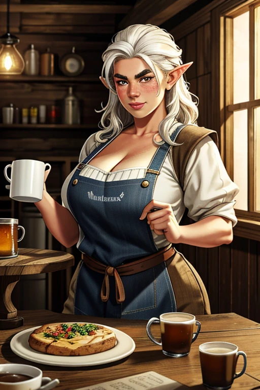 1girl, young female gnome, short and robust, short and disheveled white hair, pointed ears, dark brown eyes, freckles, thin lips, skittish and suspicious look, thick eyebrows, round face, large breasts with cleavage, wide hips, thick thighs, sitting in rustic wooden armchair, drinking mug of beer, 1boy, young male gnome, disheveled white hair, pointed ears, thick eyebrows, dark brown eyes, thick and curly beard, robust male gnome, enthusiastic smile, right behind wife with mug of beer, wearing tavern keeper's apron, very beautiful and detailed living room of rustic medieval house, perfect lighting, (best quality,4k,8k,highres,masterpiece:1.2),ultra-detailed,(realistic,photorealistic,photo-realistic:1.37),HDR,UHD,studio lighting,ultra-fine painting,sharp focus,physically-based rendering,extreme detail description,professional,vivid colors,bokeh,fantasy,illustration