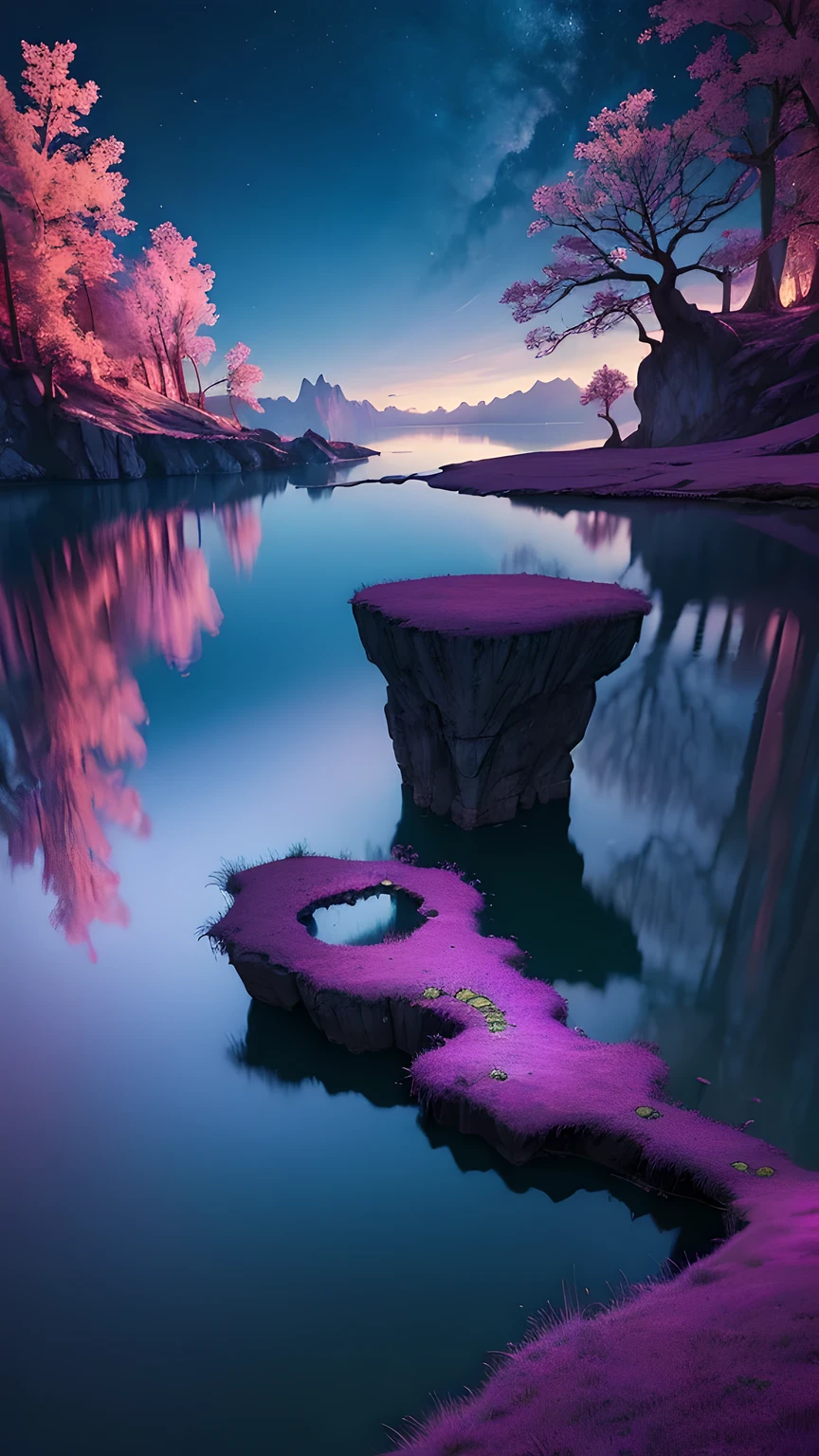 Photographs that capture the essence of a magical dream world. An epic cliff，Hanging over a beautiful lake, Surreal and vivid colors illuminate its reflection. The atmosphere is otherworldly, The soft night light casts a flowing shadow. The image creates a sense of depth and mystery, It&#39;s as if the audience is taken into another dimension., Create beautiful and memorable work. Shot with Canon EosIII Zeiss 120mm wide angle lens