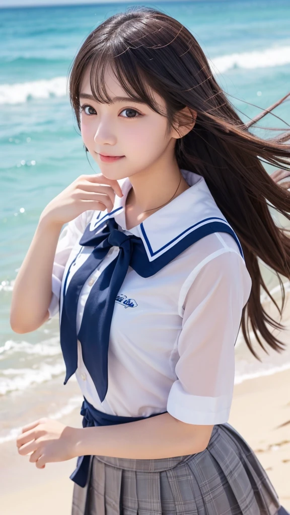 Cute Girls、high school girl、Idol、uniform、See-through、Ocean、Sandy Beach、Fluttering in the wind