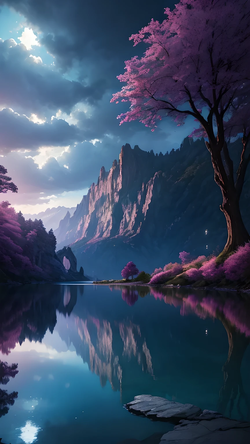 Photographs that capture the essence of a magical dream world. An epic cliff,Hanging over a beautiful lake, Surreal and vivid colors illuminate its reflection. The atmosphere is otherworldly, The soft night light casts a flowing shadow. The image creates a sense of depth and mystery, It's as if the audience is taken into another dimension., Create beautiful and memorable work. Shot with Canon EosIII Zeiss 120mm wide angle lens