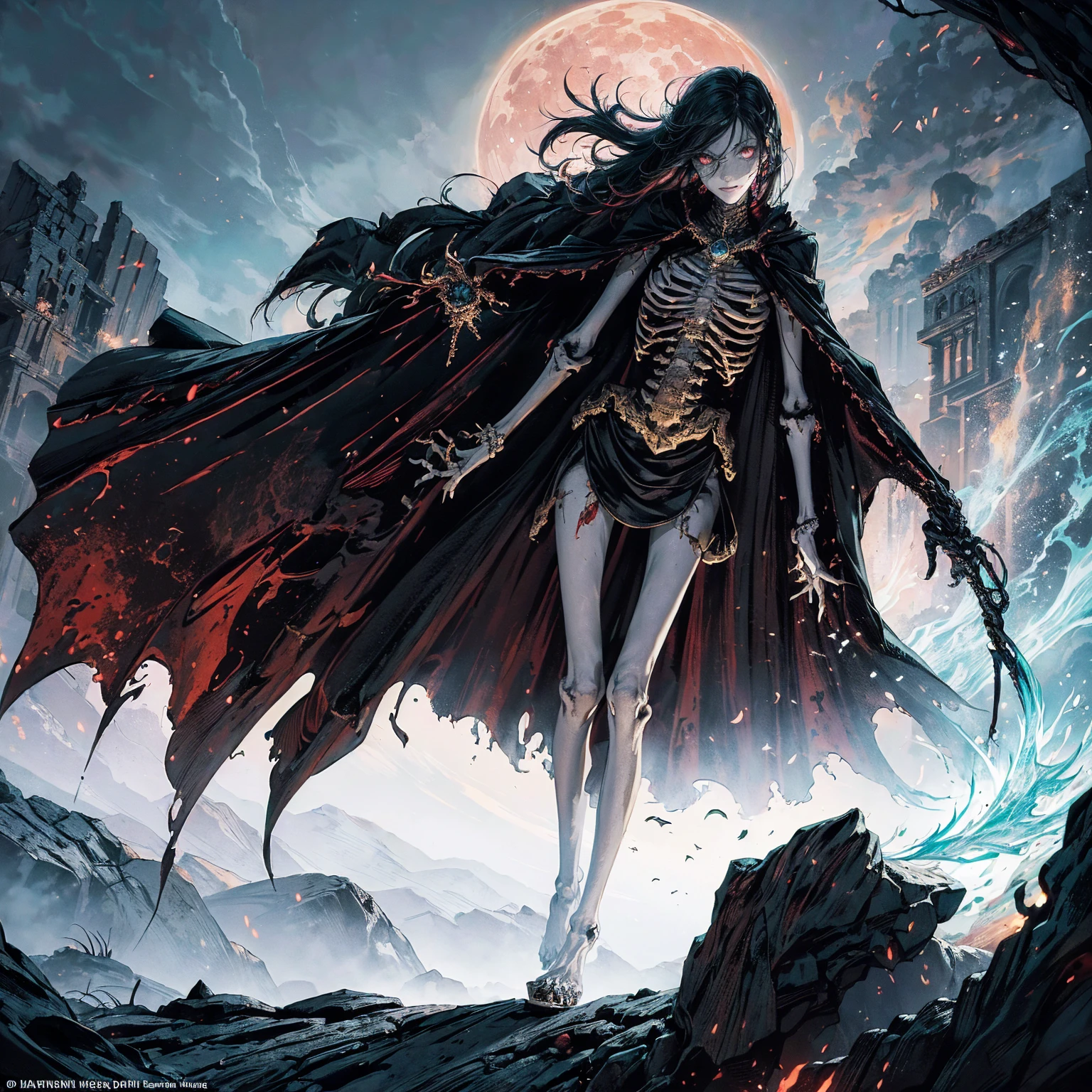 (full body:1.5), (wide shot:1.2), best quality, 4K, high resolution, (masterpiece:1.2), Very detailed, (actual:1.37), (anatomically correct:1.2), Mood lighting, A black hair young undead girl in a long cape, Whole body including hands & arms & legs & feet are all skeleton bones but except the head is still beautiful human face, Wearing a ragged gothic skirt, Shaded expression, Aloofness emotion, Dangerous sneer, beautiful but sorrowful smile, Black tears of blood flowed from eyes, lean on one side floating above ground, Facing the camera, Crucified, Pitch black sky, Blood-red moon, strange atmosphere, Gothic style, Unforgettable beauty, Dramatic shadows, Ethereal Light, Mysterious atmosphere, Necromancer, Dark Magic, Resurrection of the Dead, Resurrected zombies and skeletons roaming around, bone dragon, pathfinder: wrath of the righteous: lich myth path.