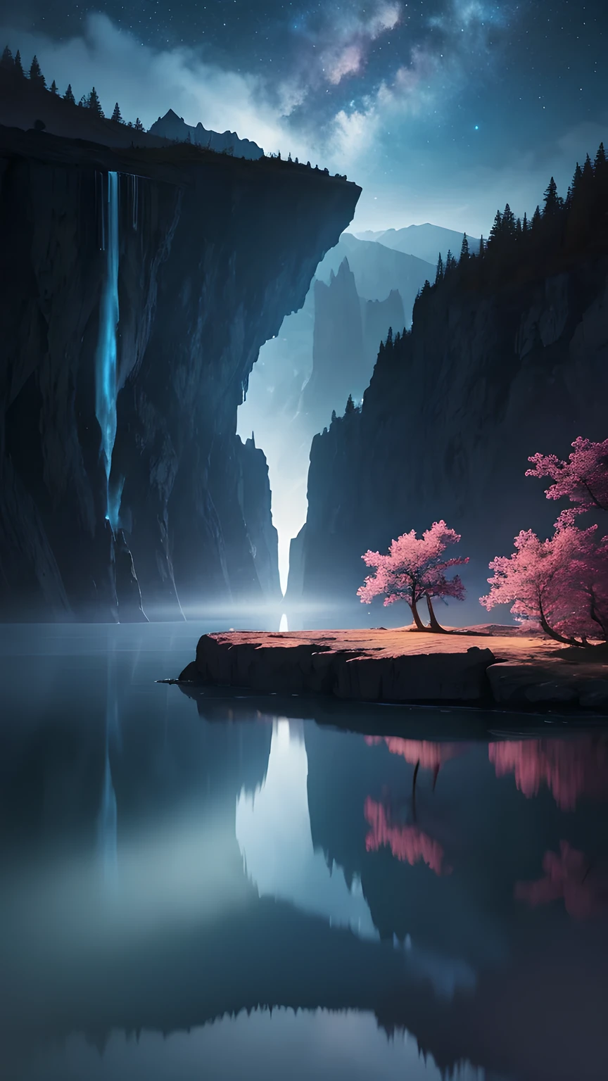 Photographs that capture the essence of a magical dream world. An epic cliff，Hanging over a beautiful lake, Surreal and vivid colors illuminate its reflection. The atmosphere is otherworldly, The soft night light casts a flowing shadow. The image creates a sense of depth and mystery, It&#39;s as if the audience is taken into another dimension., Create beautiful and memorable work. Shot with Canon EosIII Zeiss 120mm wide angle lens