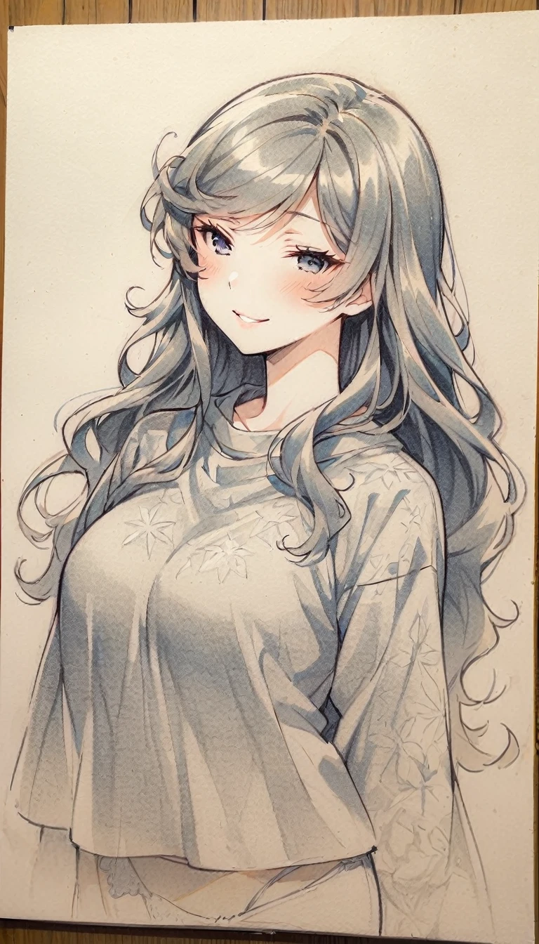 1 ,Line drawing,monochrome,(sketch:1.5、pattern、pencil drawing:1.5、board:1.5),board,traditional media, whole body,look up,Cold Background ,(Wearing underwear) ,Smile,Long hair,Clothing Model