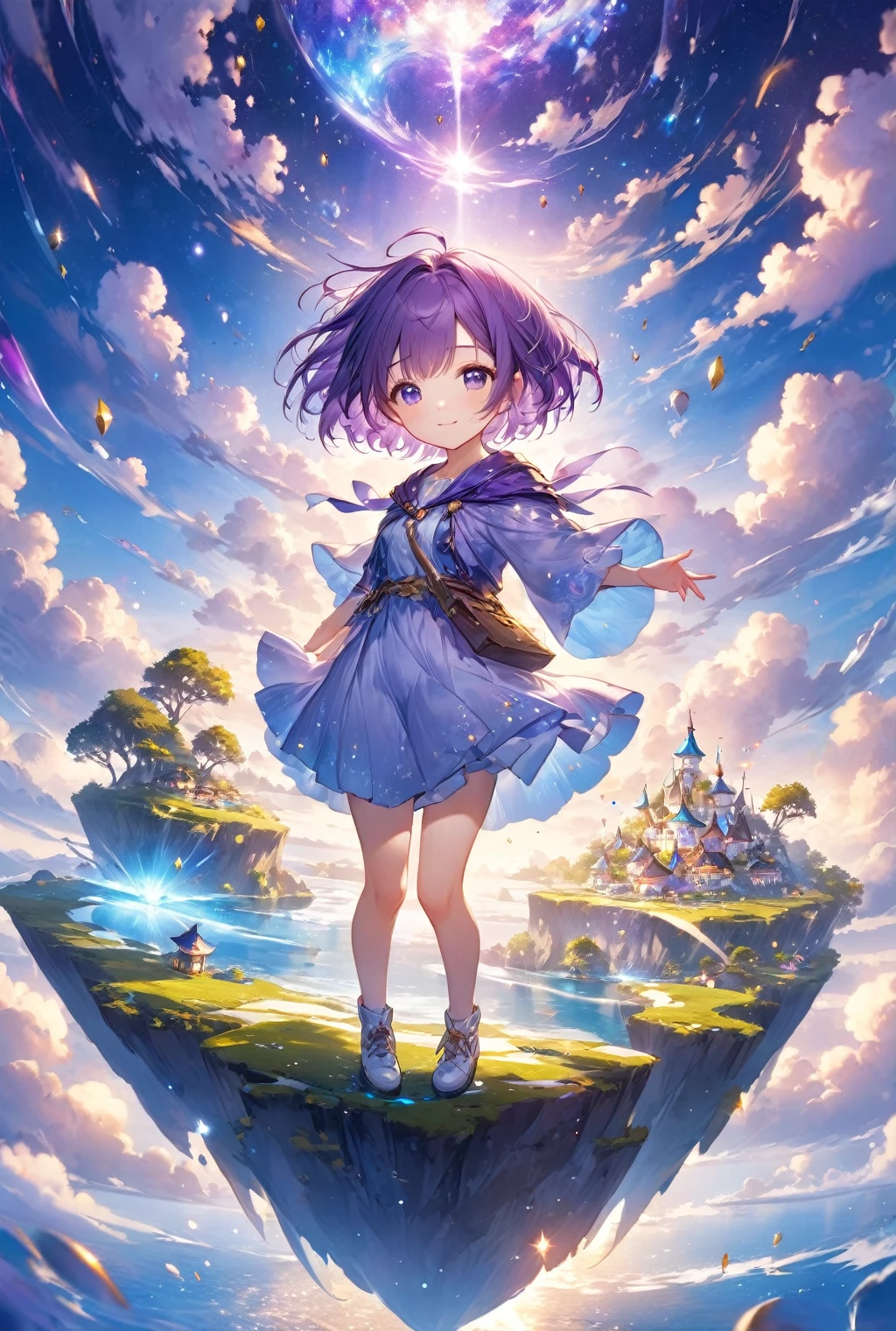 (Highest quality, 8k, 32K, masterpiece, Ultra-high resolution,:1.2),born, One girl,Super cute , A fantasy background like a floating island, Clear, shining eyes, Age 25 ,Fair skin, Girl with purple hair,  Fantasy clothes,, short hair, keep your spirits up