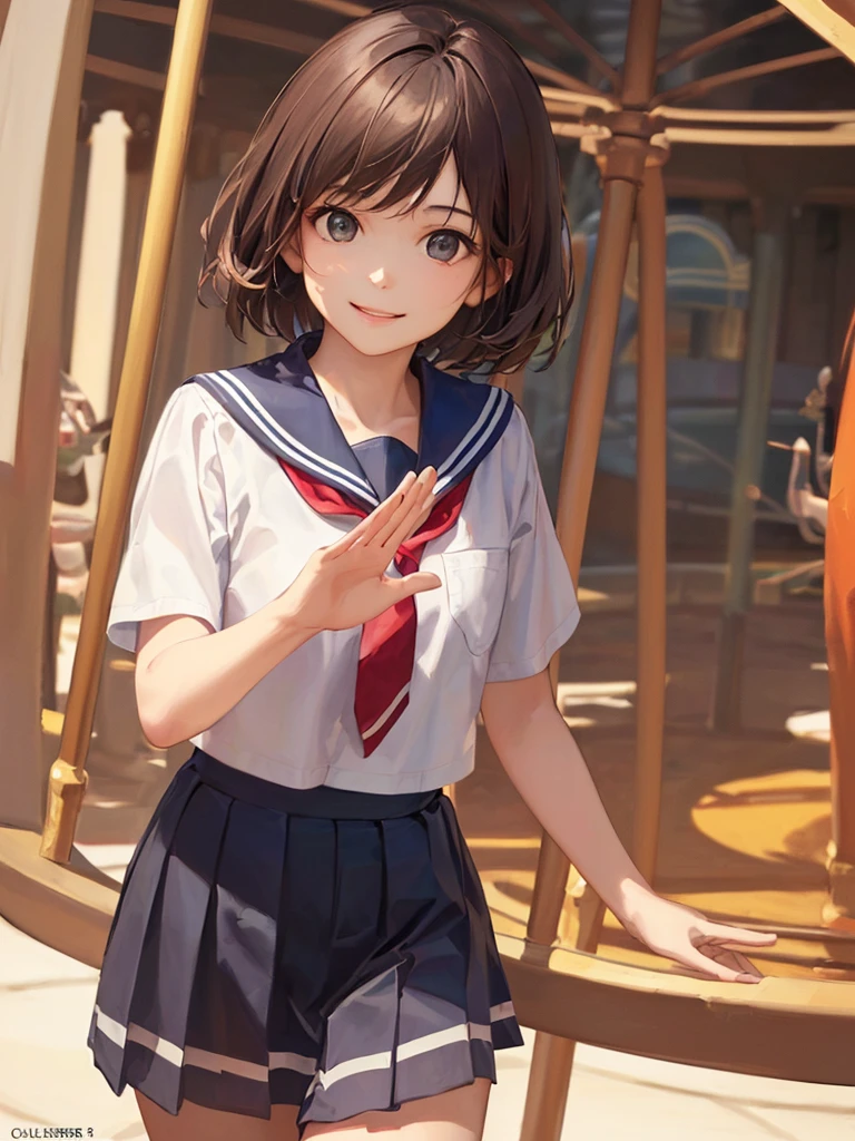 (Highest quality、8k、32K、masterpiece)、(Realistic)、(Realistic:1.2)、(High resolution)、Very detailed、Very beautiful face and eyes、(((Women's Solo Shot)))、Tight waist、(Highest quality、Attention to detail、Rich skin detail)、(Highest quality、8k、Oil paints:1.2)、(Realistic、Realistic:1.37)、Bright colors、(((Cowboy Shot)))、(((Bob Hair)))、(((Medium Hair)))、(((He has a happy face.)))、((smile))、(((Brown Hair)))、((Collared short-sleeved shirt, Sailor suit, Navy blue checkered pleated skirt, Red tie), )、(((Park during the day)))、(((Waving right hand)))、(((I can see the merry-go-round)))、(((I&#39;m at the amusement park)))、(((Teeth are visible)))