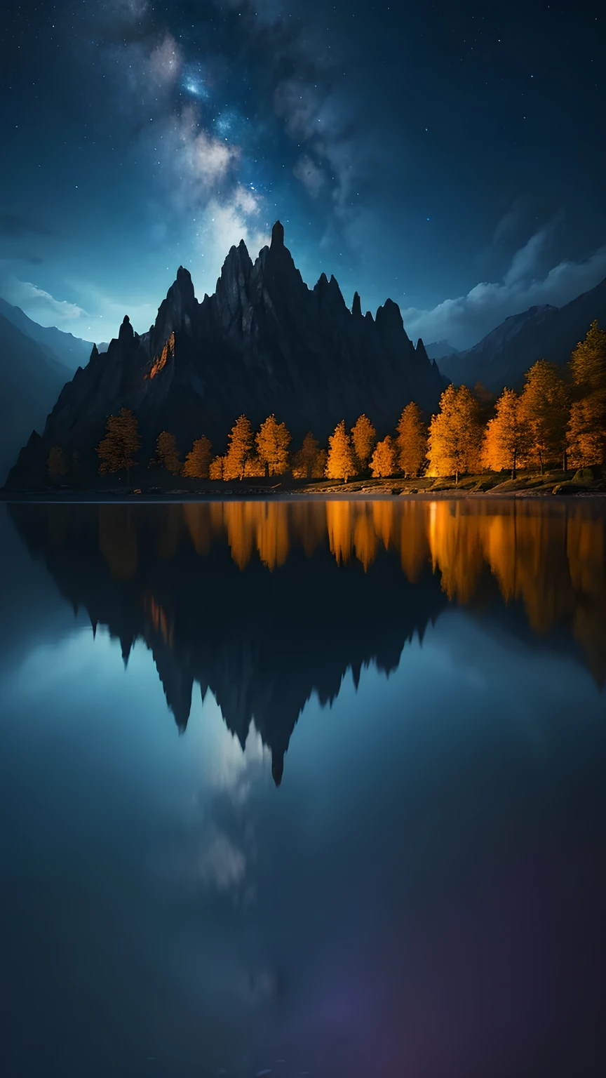 Photographs that capture the essence of a magical dream world. An epic cliff，Hanging over a beautiful lake, Surreal and vivid colors illuminate its reflection. The atmosphere is otherworldly, The soft night light casts a flowing shadow. The image creates a sense of depth and mystery, It&#39;s as if the audience is taken into another dimension., Create beautiful and memorable work. Shot with Canon EosIII Zeiss 120mm wide angle lens