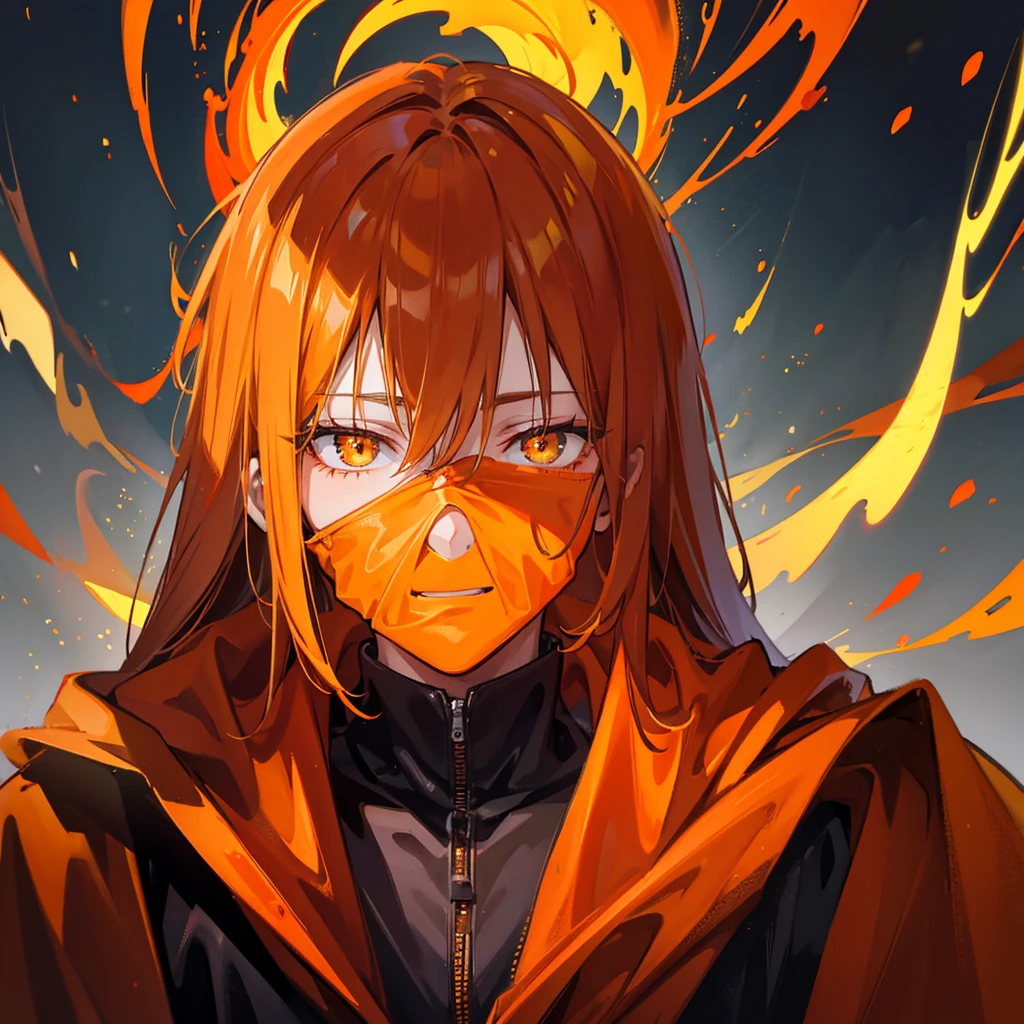 1man, an old, orange cloak, the eyes are glowing bright yellow, the face is covered in the shadow