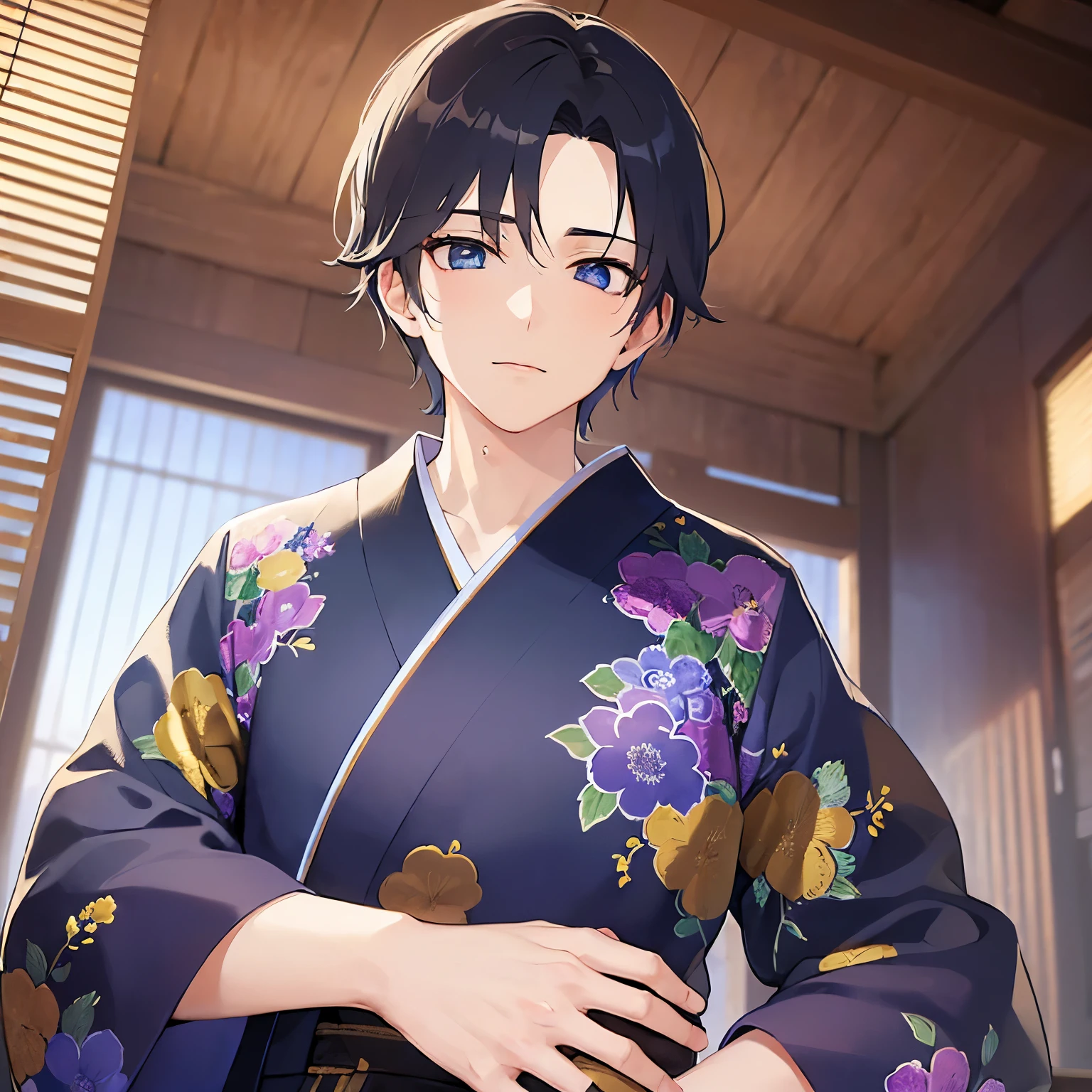 (25-year-old male:1.5) and(Black short hair) and (blue eyes), Shooting from below upper body、(hands on floor:1.5)、
masterpiece、Highest quality、
(Blue) and (yukata),blush,confused,The background is a Japanese-style room at night、Japanese style ceiling
