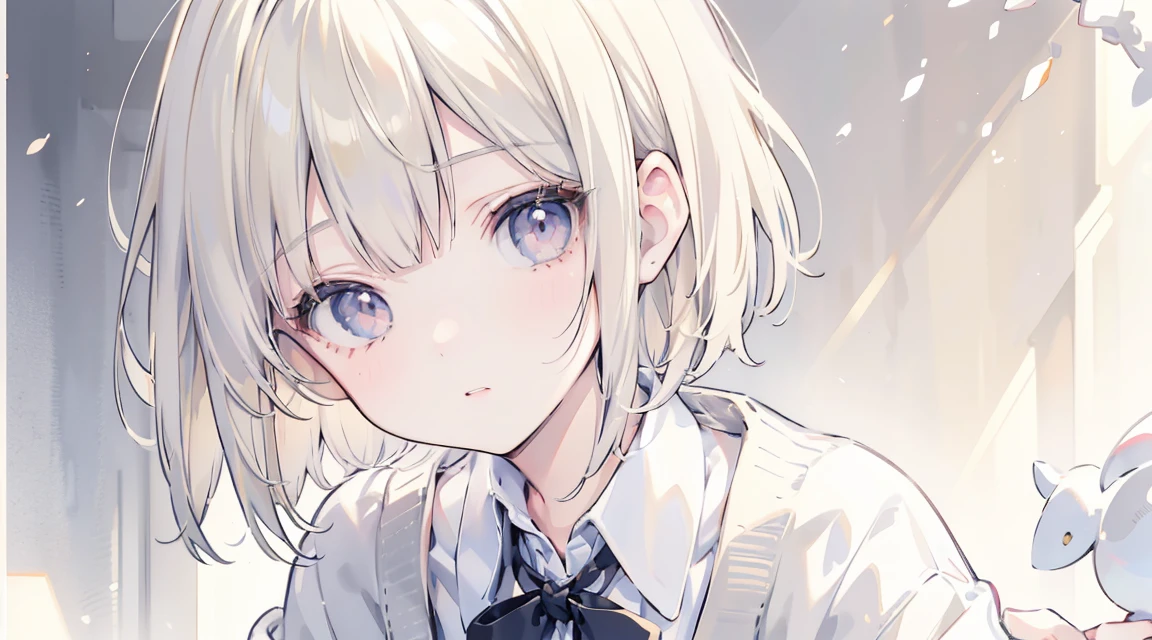 (Bob Cut Hair, Platinum Blonde Hair:1.2),(Wear a cardigan over a collared shirt:1.2),1 girl,Japanese,21 years old,(Small breasts:1.3),(Highest quality,masterpiece:1.3,超A high resolution,),(Ultra-detailed,Caustics),(Photorealistic:1.4,RAW shooting,)Ultra-Realistic Capture,Very detailed,High resolution 16K human skin close-up。 Natural skin texture、,Pores、、It needs to be detailed enough to be easily identifiable。 Skin should be even-toned and healthy looking。 Use natural light and colour, Sad expression, Looking at the camera, Perfect dynamic composition, Outdoor
