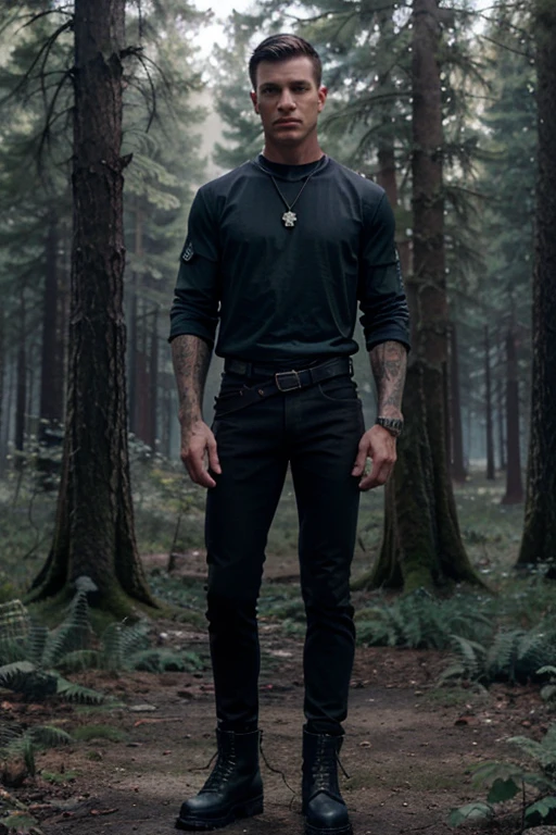 Ennis, Brian Patrick Wade, Wolf, male, 30 years old, short black hair crew cut, slim muscular build, blue eyes, black military jacket, gray short sleeve shirt, black hunter belt, black jeans, black combat boots glade, wolf pendant, forest background with fog