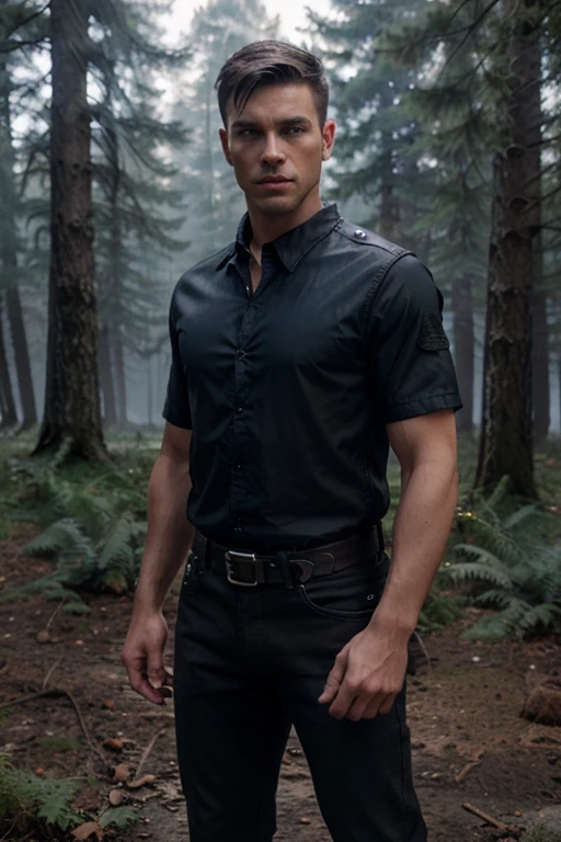 Ned Banks, Tyler Patrick Jones, Teen Wolf, military, 18 years old, short blonde hair, slim and muscular build, blue eyes, open red jacket, black short-sleeved shirt, black belt, black jeans, black combat boots, hanging wolf, forest background with fog