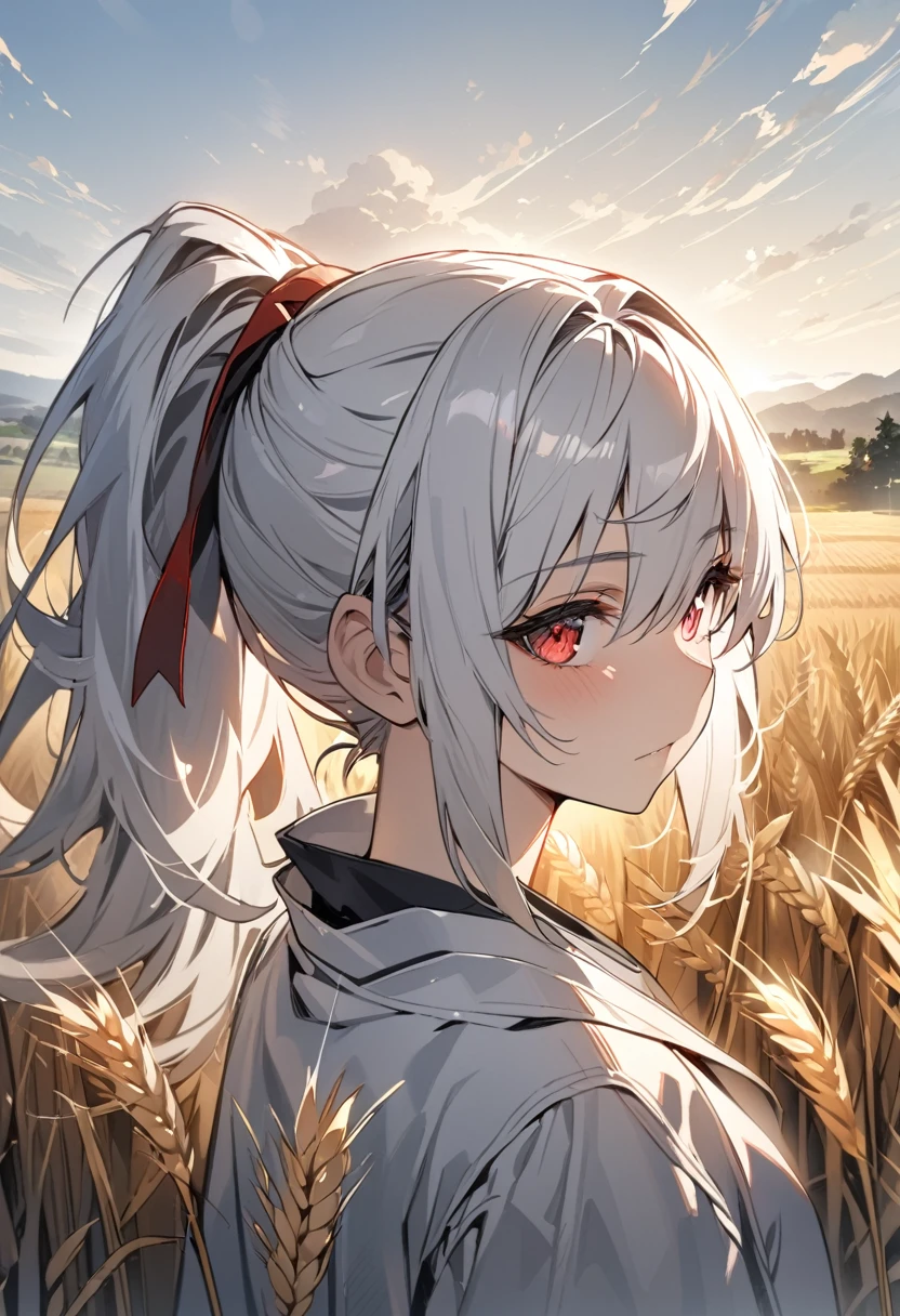 masterpiece, best quality, 1 Girl, portrait, White hair, Ponytail, Red Eyes, warrior, Wheat landscape, sun, cloud, (Neutral colors), (HDR:1.4)